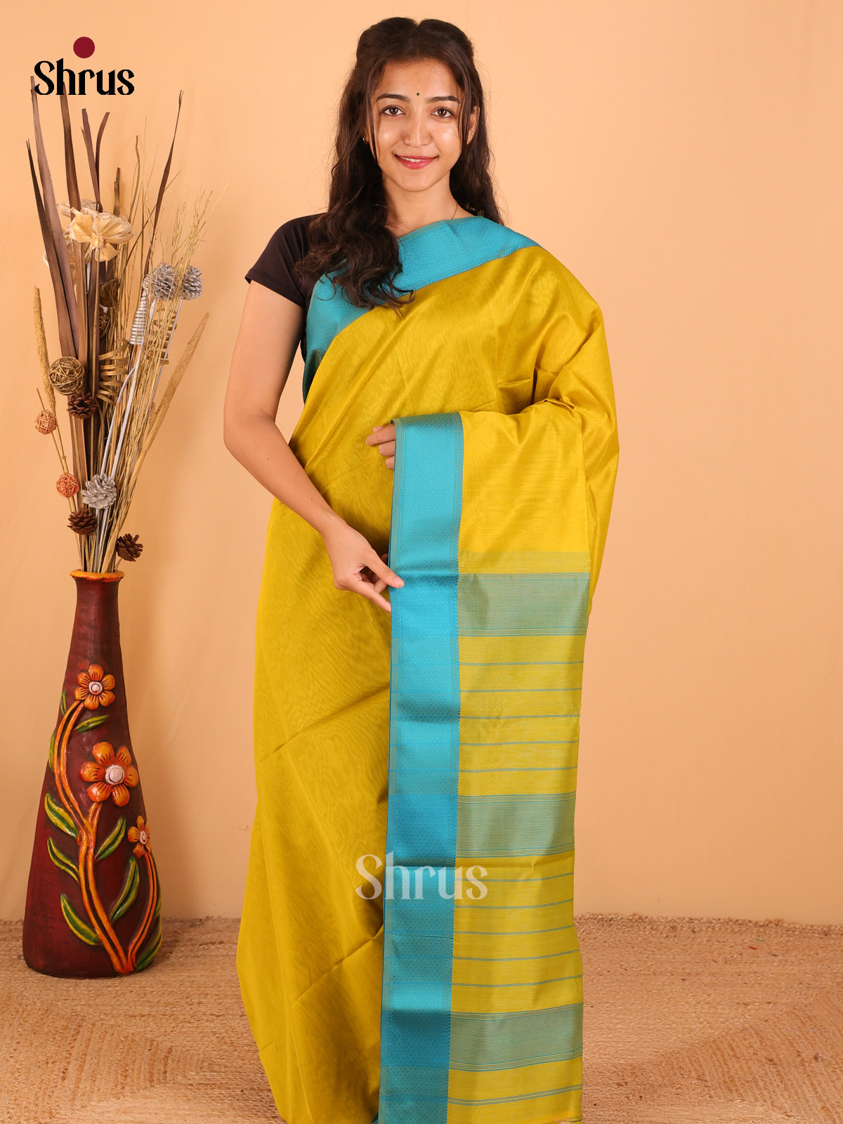 Mehandi Green & rama Blue - Maheswari silk cotton Saree - DCS27239 - Shop on Shrus.com