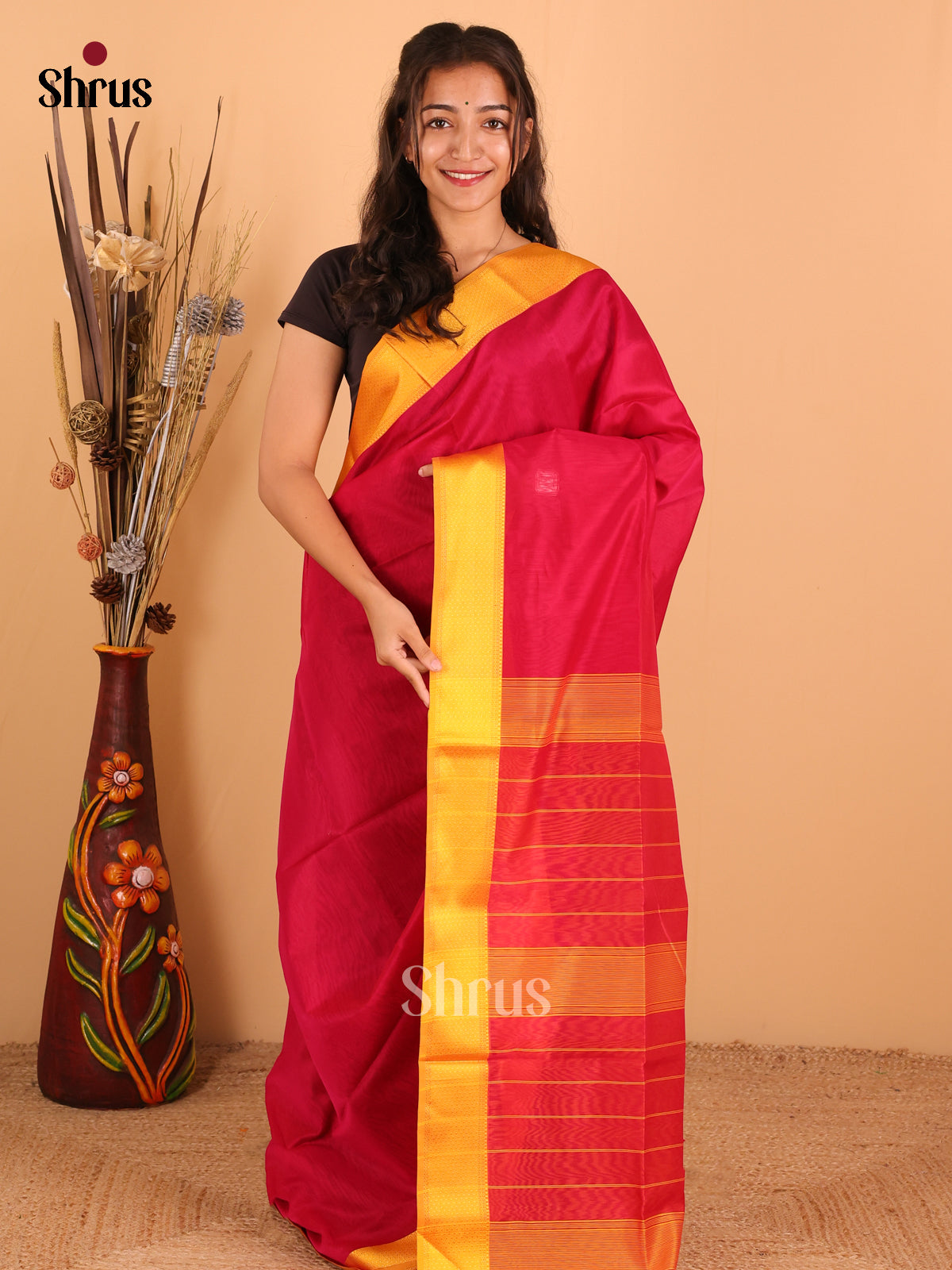 Maroon & Mustard - Maheswari silk cotton Saree - DCS27243 - Shop on Shrus.com