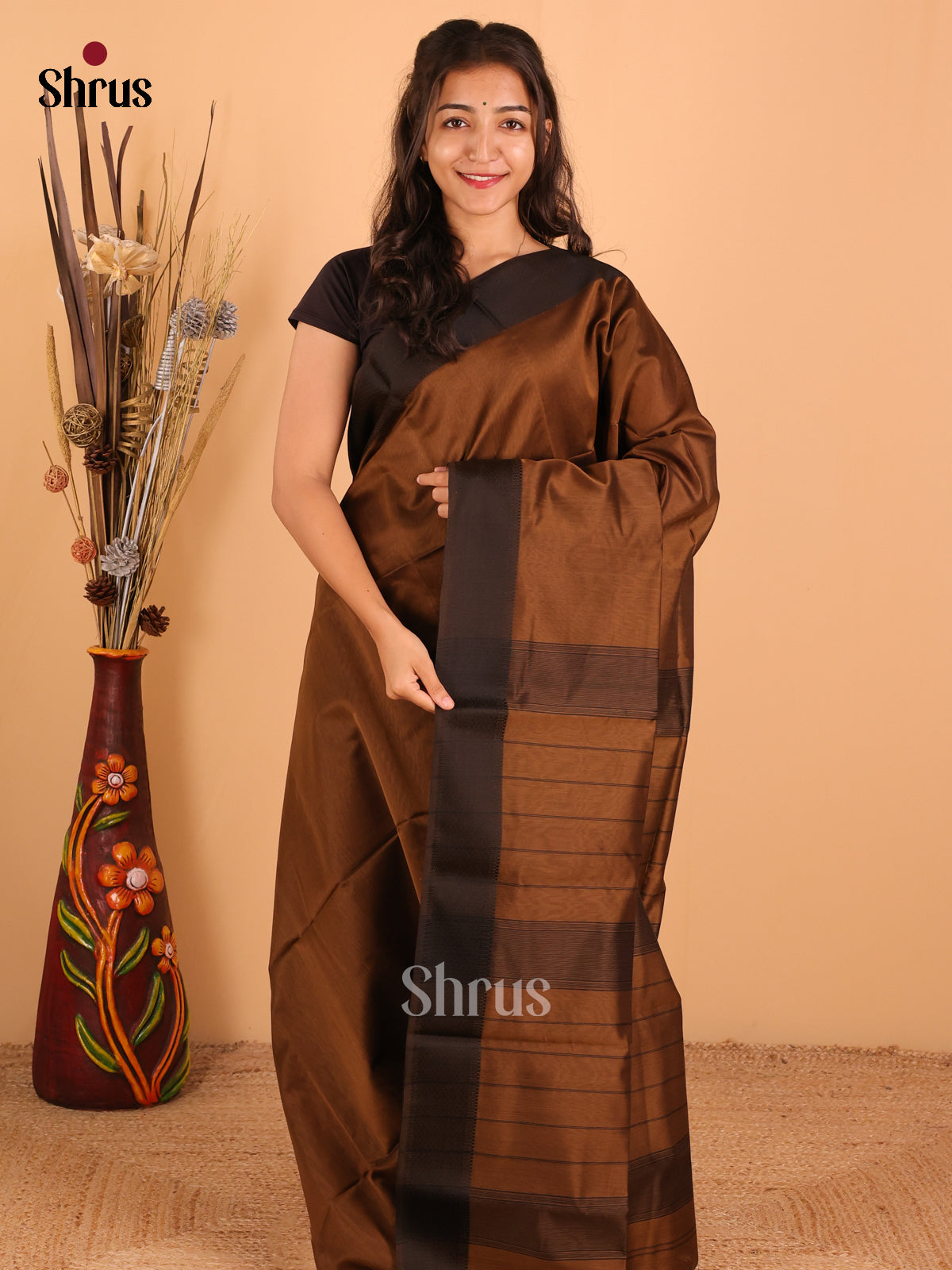 Brown & Black - Maheswari silk cotton Saree - DCS27244 - Shop on Shrus.com