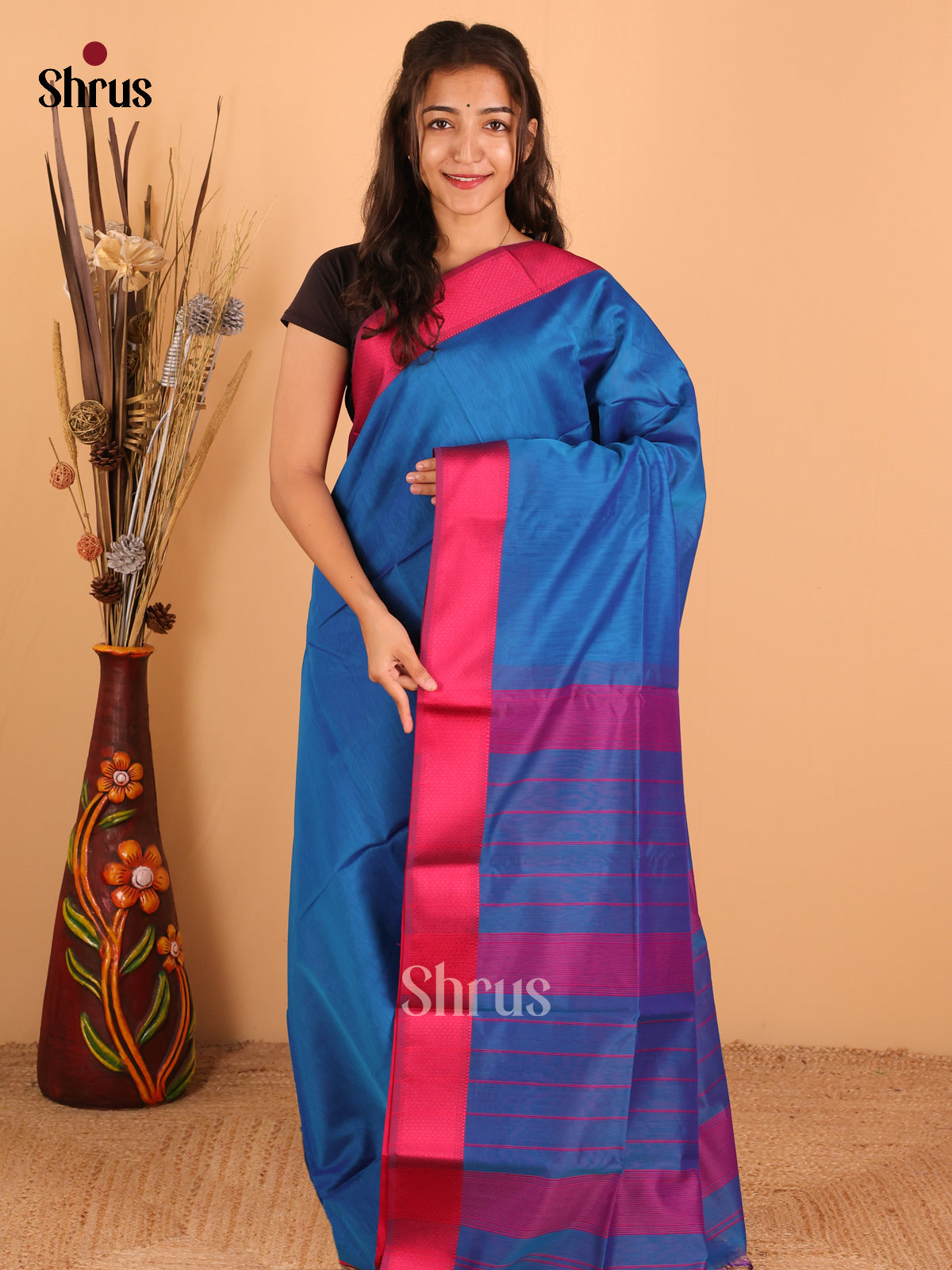 Rama blue & Pink - Maheswari silk cotton Saree - DCS27246 - Shop on Shrus.com