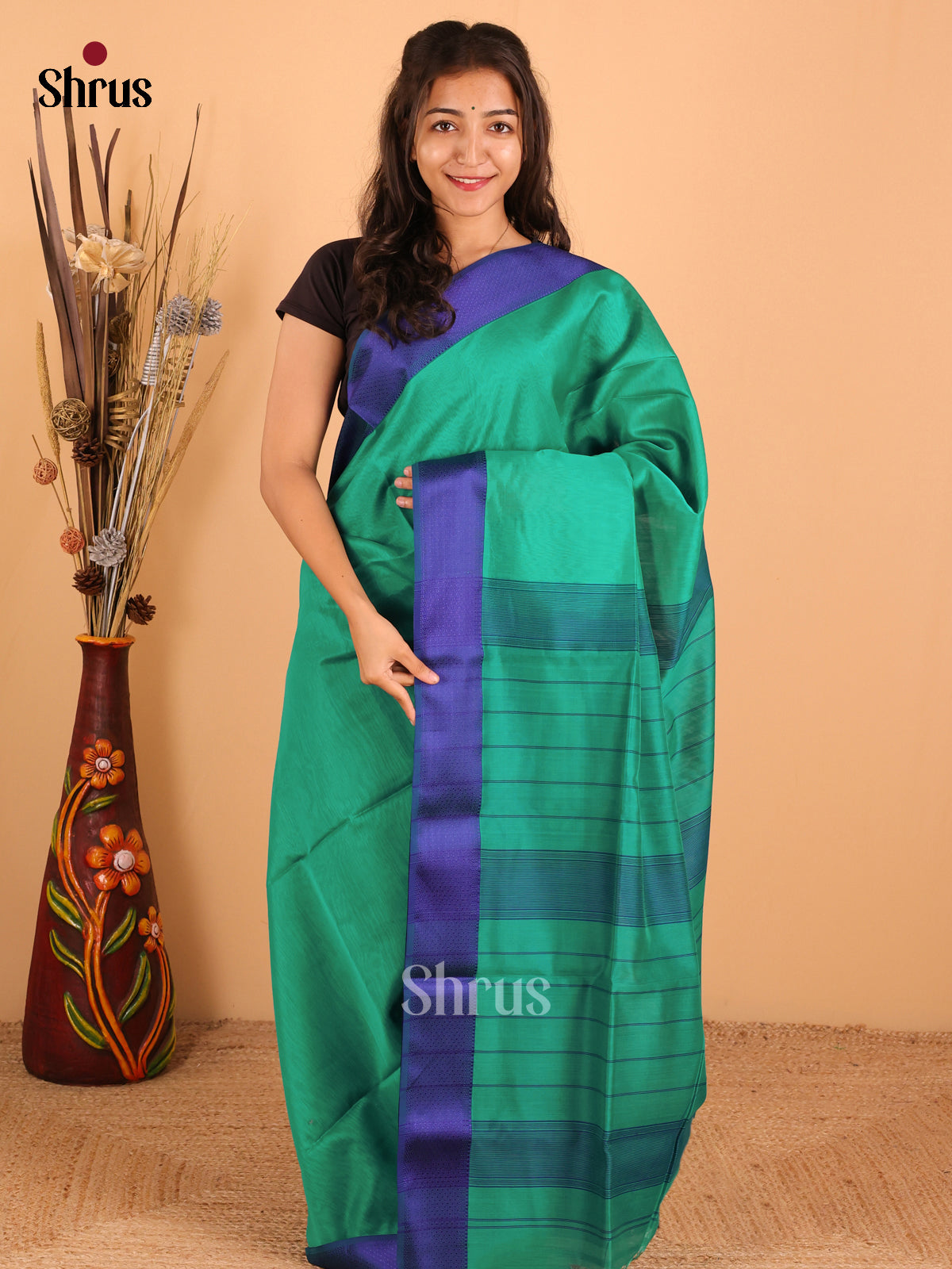 Teal Green & Blue - Maheswari silk cotton Saree - DCS27247 - Shop on Shrus.com