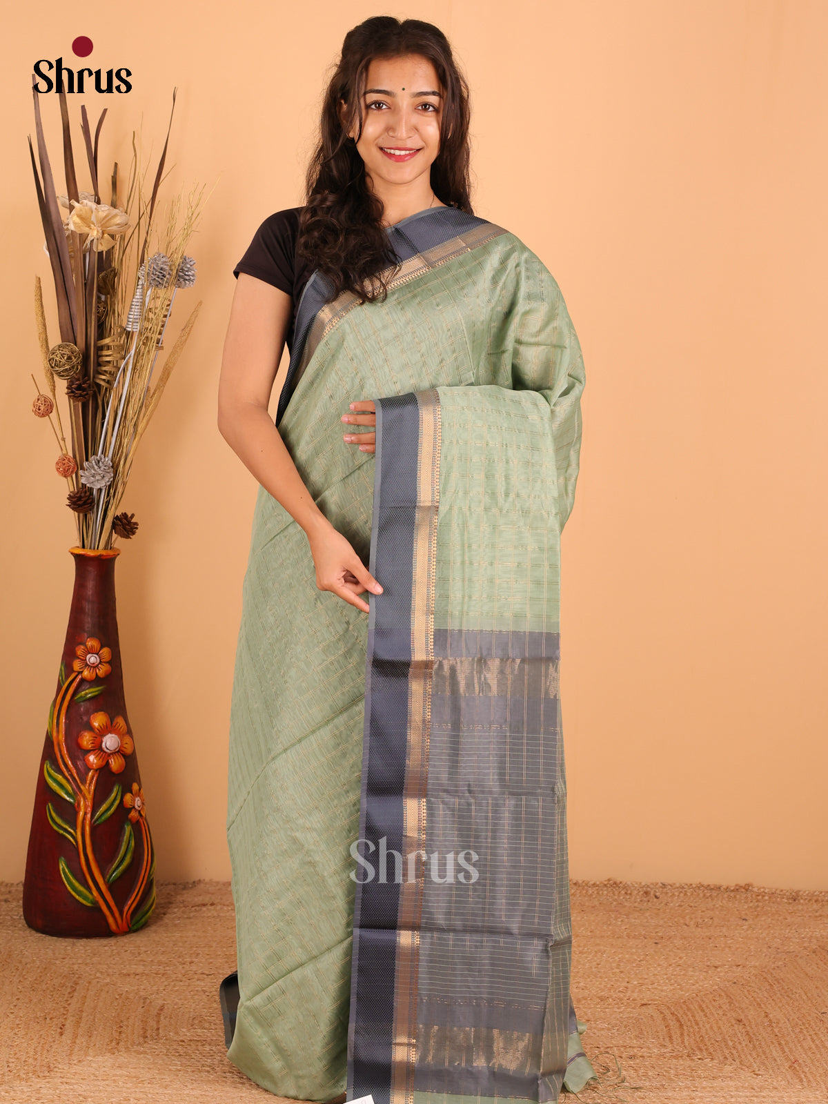 Pastel Green & Grey - Maheswari silk cotton Saree - DCS27248 - Shop on Shrus.com