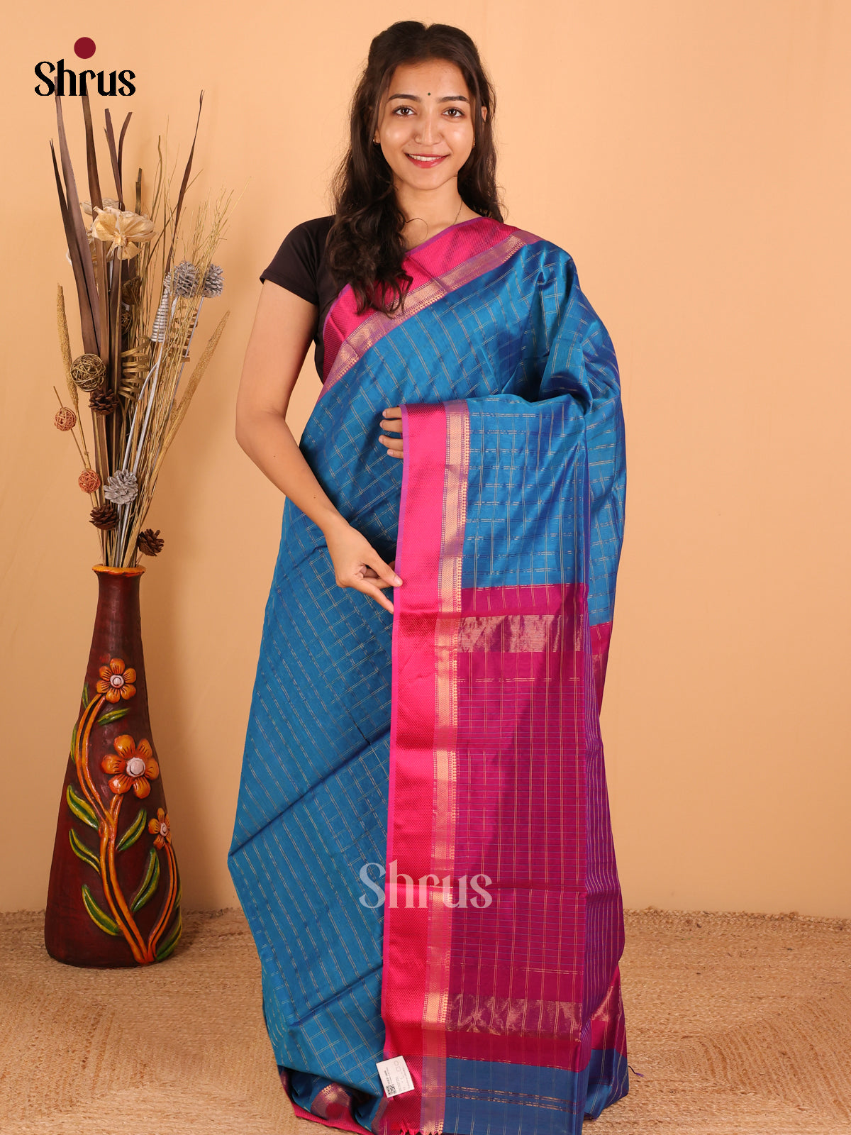 Peacock blue & Pink - Maheswari silk cotton Saree - DCS27251 - Shop on Shrus.com