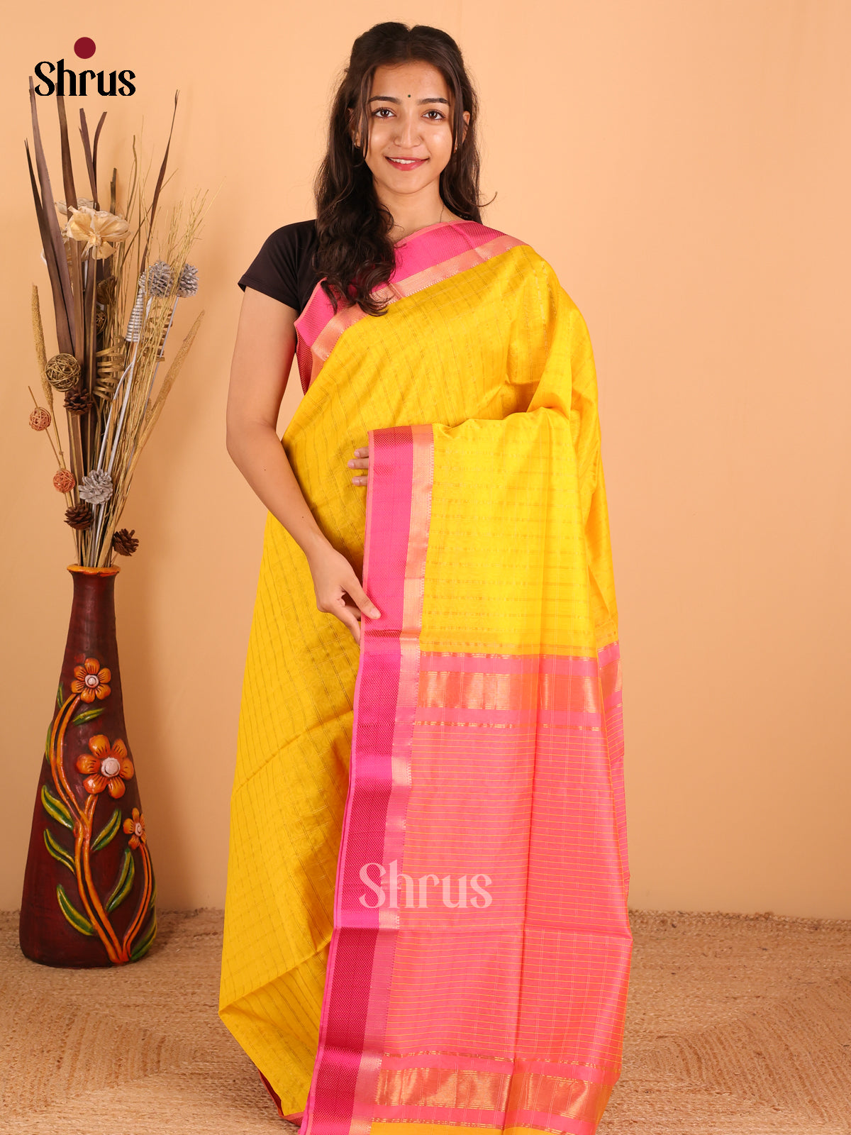 Yellow & Pink - Maheswari silk cotton Saree - DCS27252 - Shop on Shrus.com