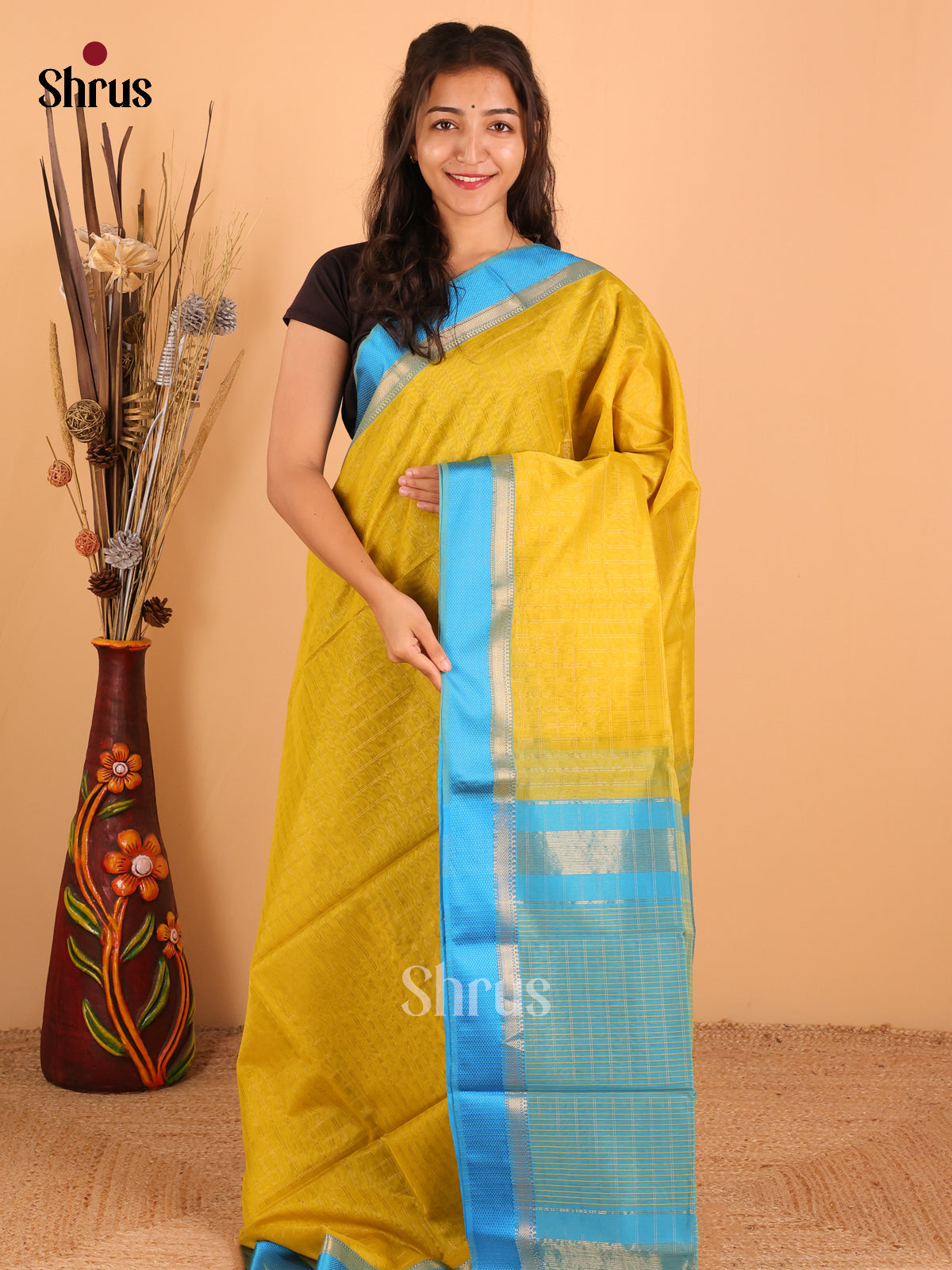 Lime yellow & Sky Blue - Maheswari silk cotton Saree - DCS27255 - Shop on Shrus.com