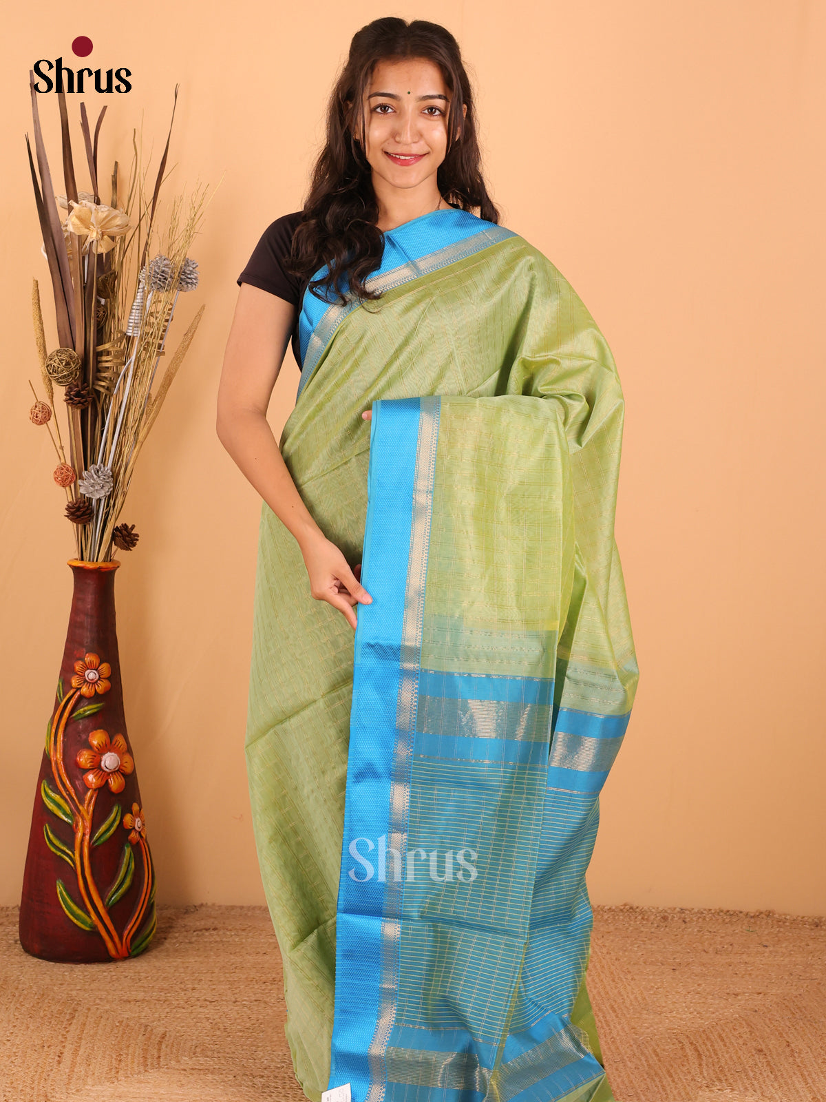 Pista Green & sky Blue - Maheswari silk cotton Saree - DCS27256 - Shop on Shrus.com