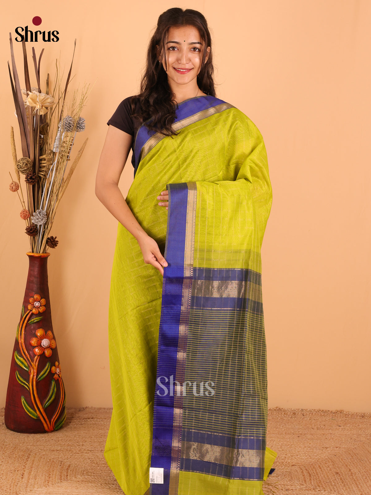 Parrot Green & Blue - Maheswari silk cotton Saree - DCS27260 - Shop on Shrus.com