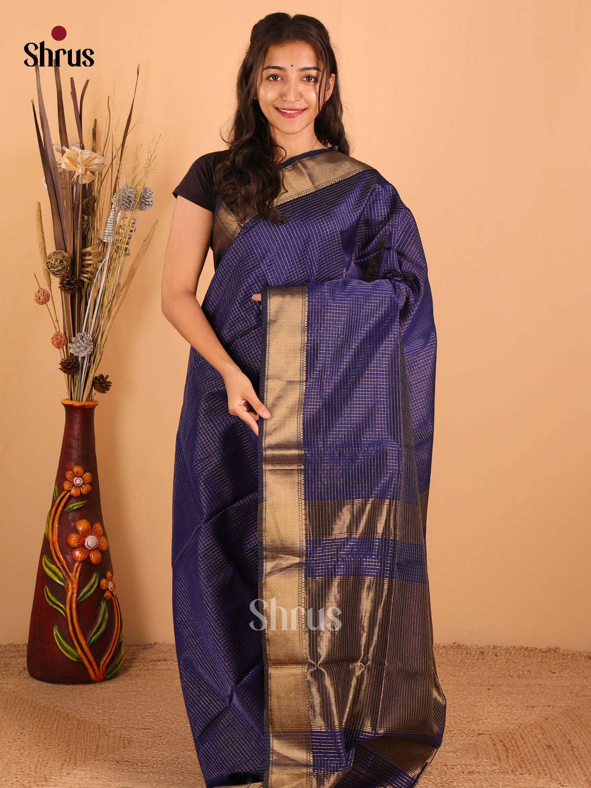 Dark navy blue - Maheswari silk cotton Saree - DCS27264 - Shop on Shrus.com