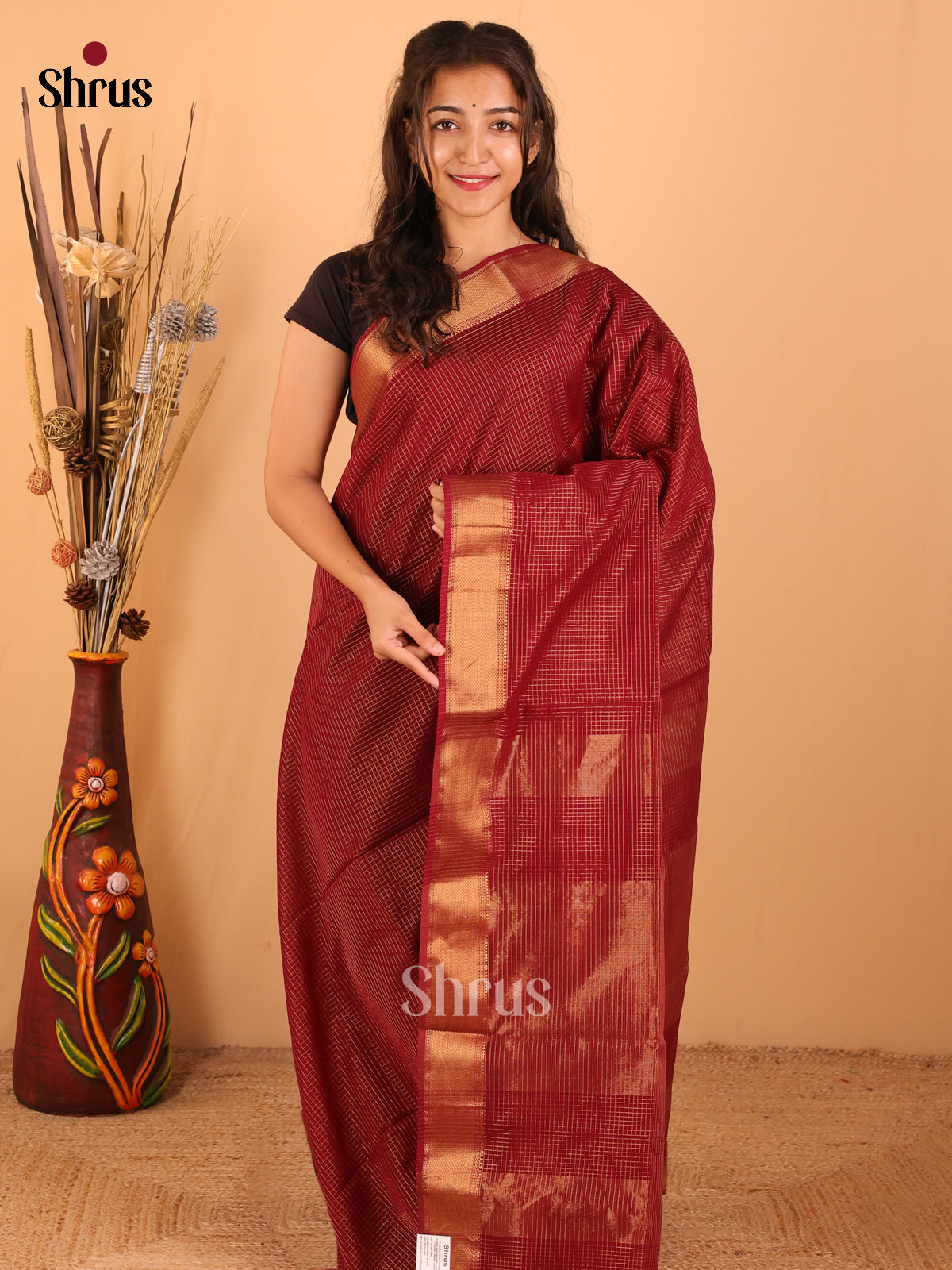 Maroon - Maheswari silk cotton Saree - DCS27265 - Shop on Shrus.com