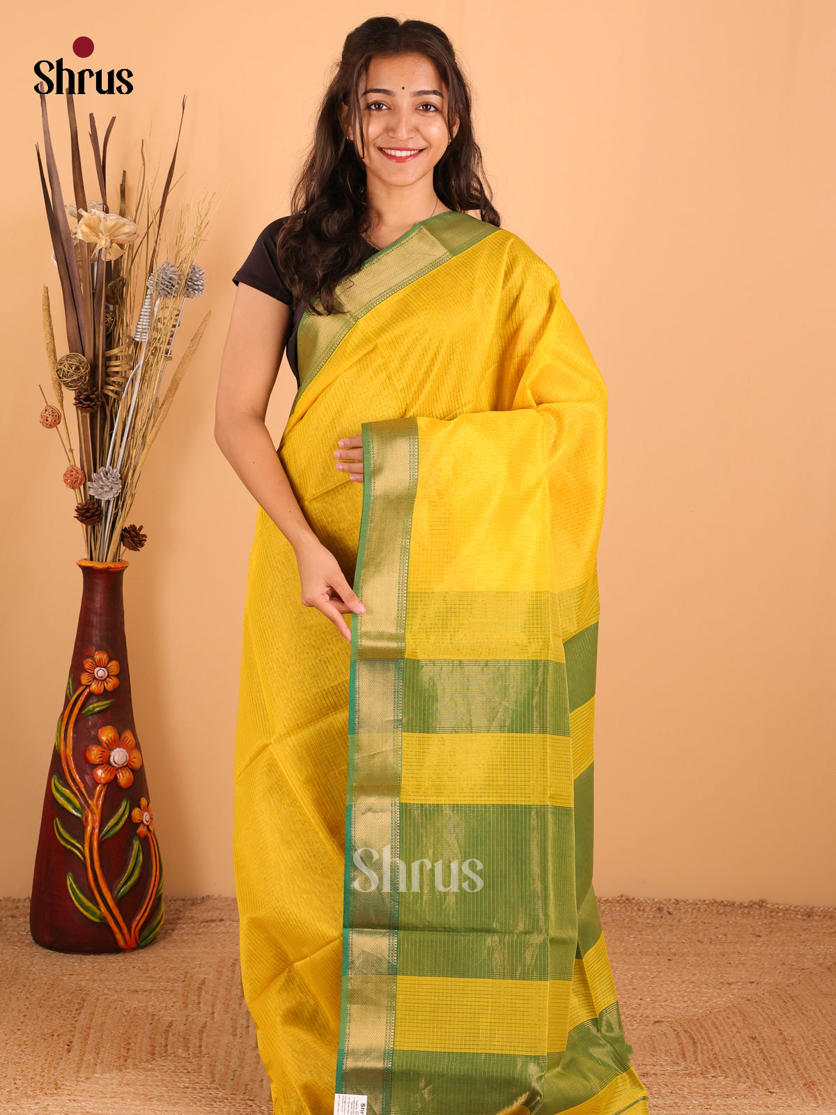 Yellow & Green - Maheswari silk cotton Saree - DCS27268 - Shop on Shrus.com