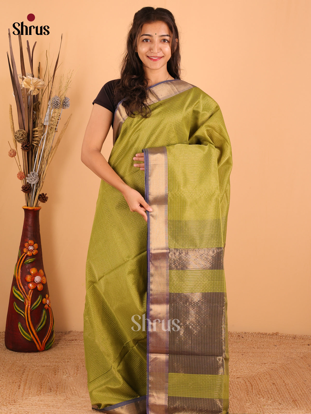 Mehandi Green & Navy blue - Maheswari silk cotton Saree - DCS27269 - Shop on Shrus.com