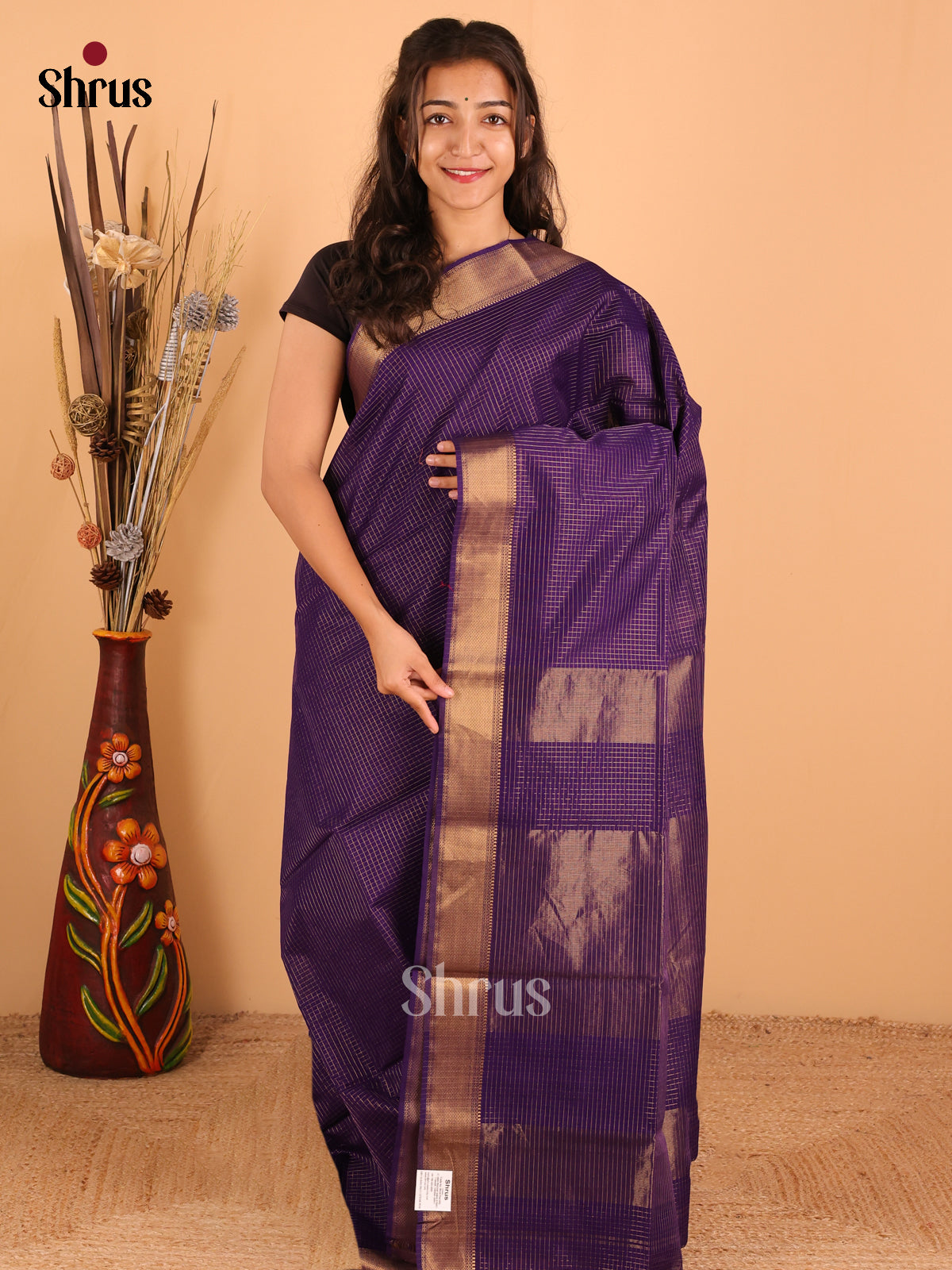 Dark Purple - Maheswari silk cotton Saree - DCS27270 - Shop on Shrus.com