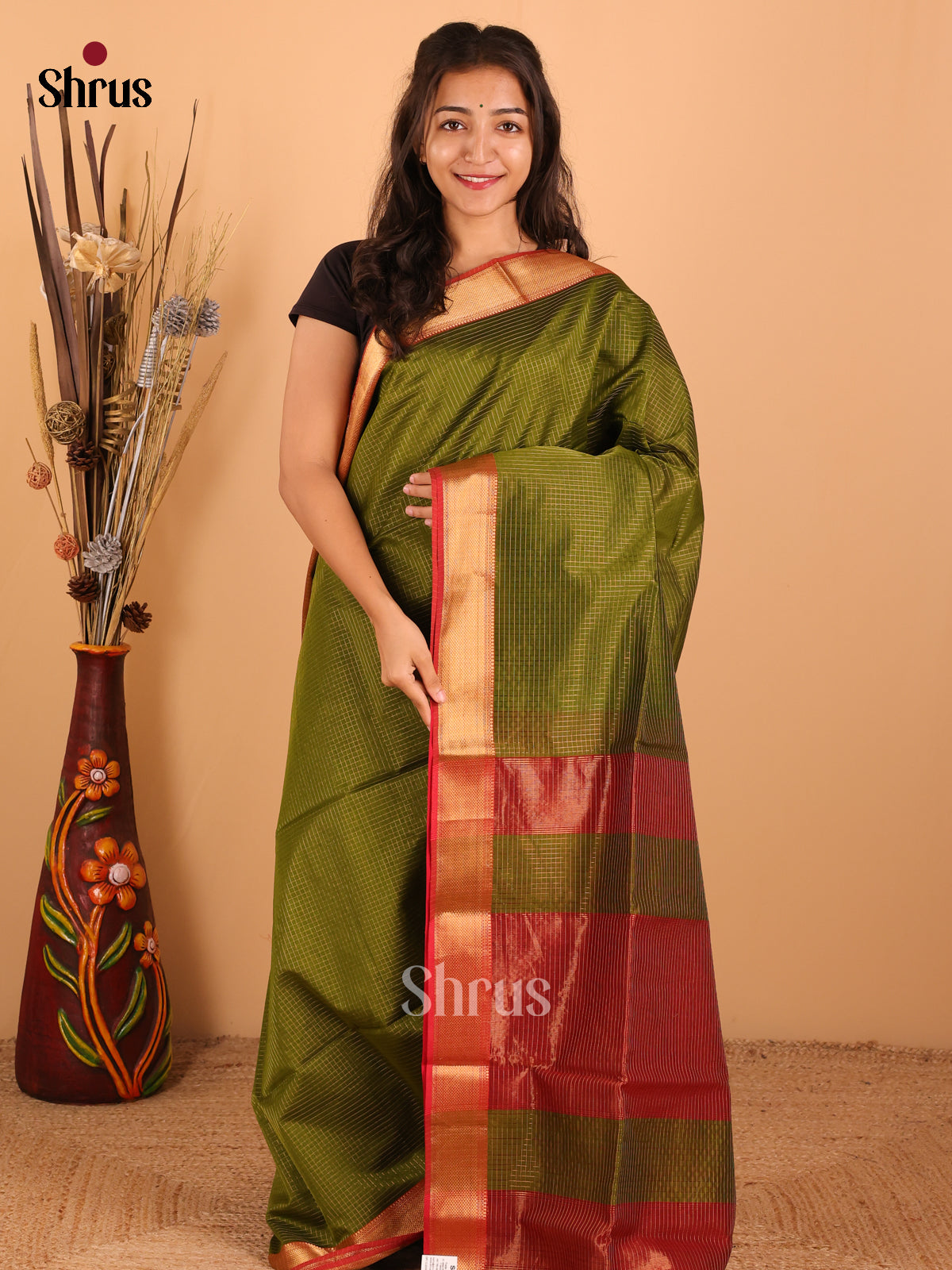 Mehandi Green & Red - Maheswari silk cotton Saree - DCS27271 - Shop on Shrus.com
