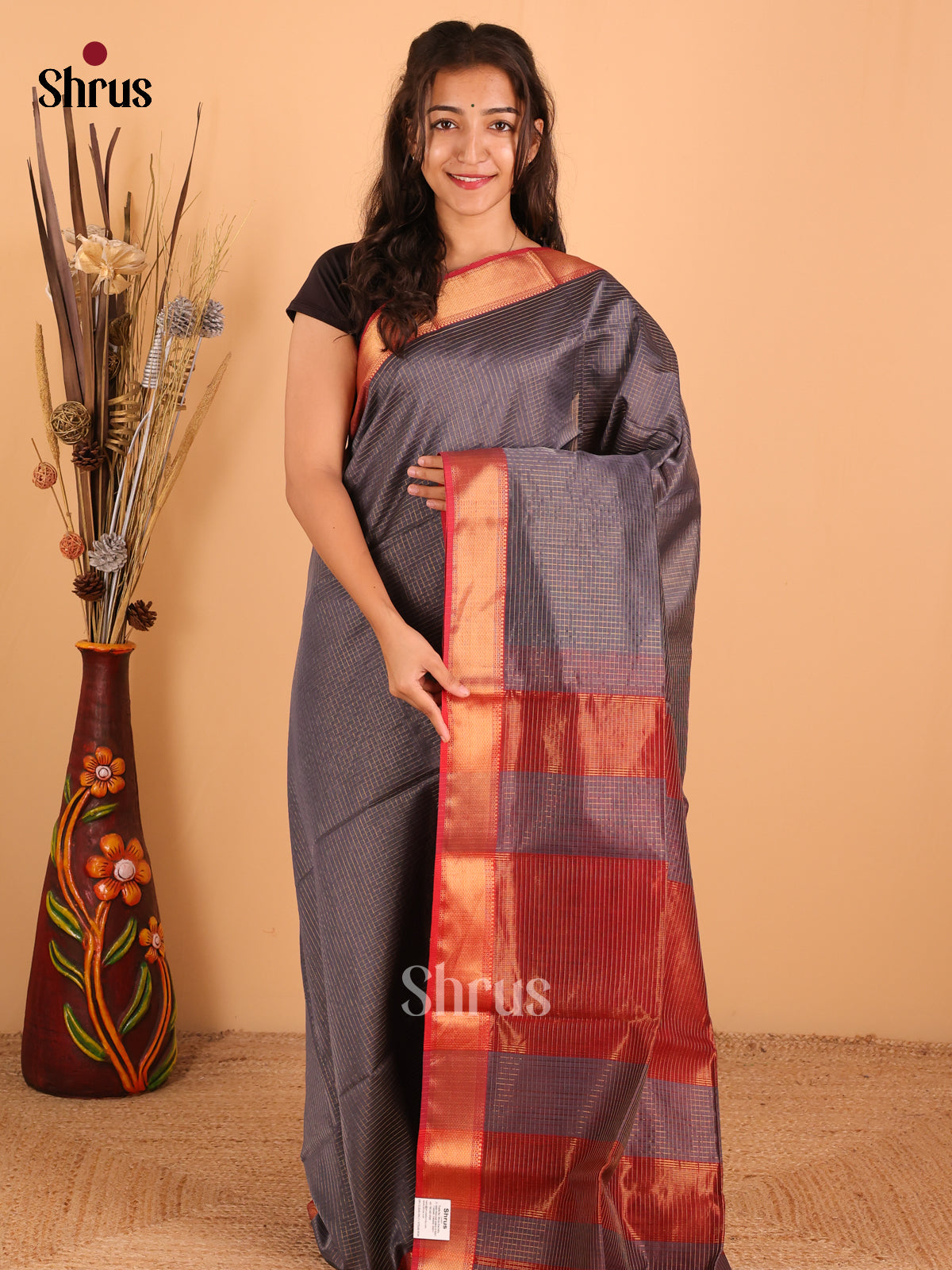 Grey & red - Maheswari silk cotton Saree - DCS27272 - Shop on Shrus.com