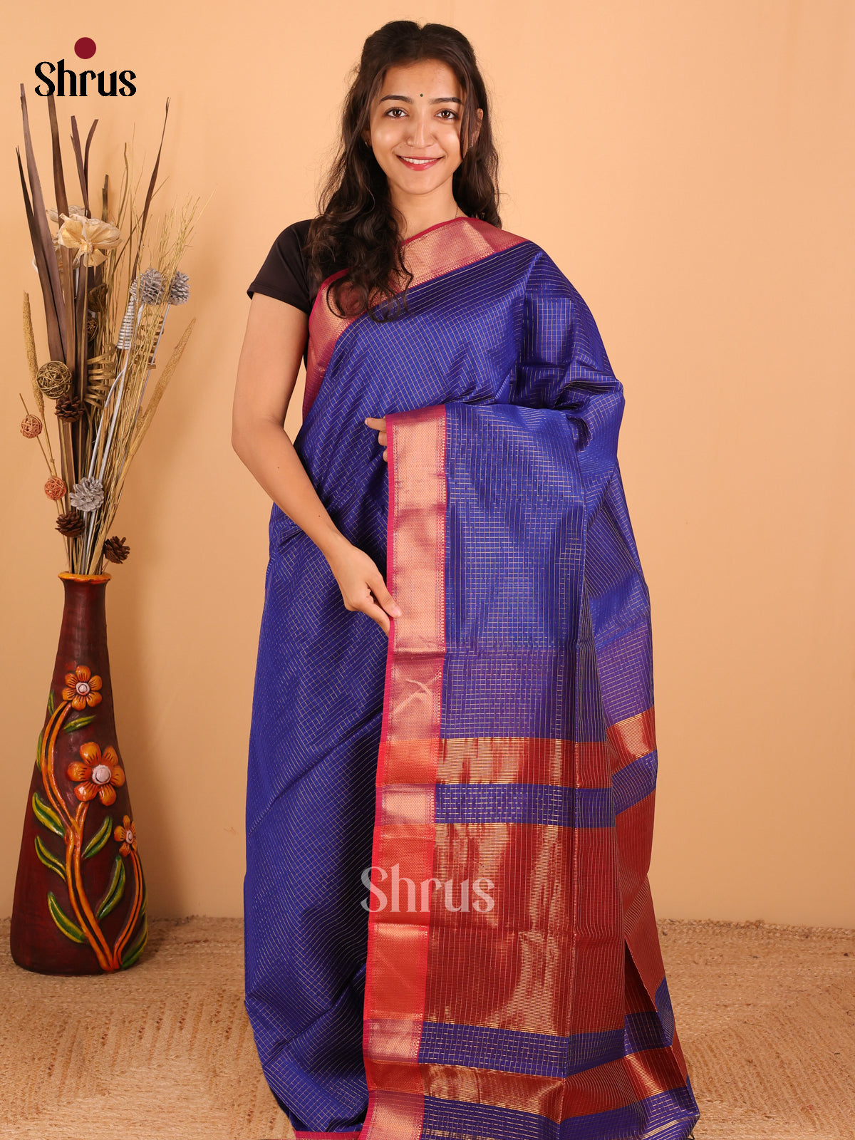 Royal Blue & red - Maheswari silk cotton Saree - DCS27273 - Shop on Shrus.com