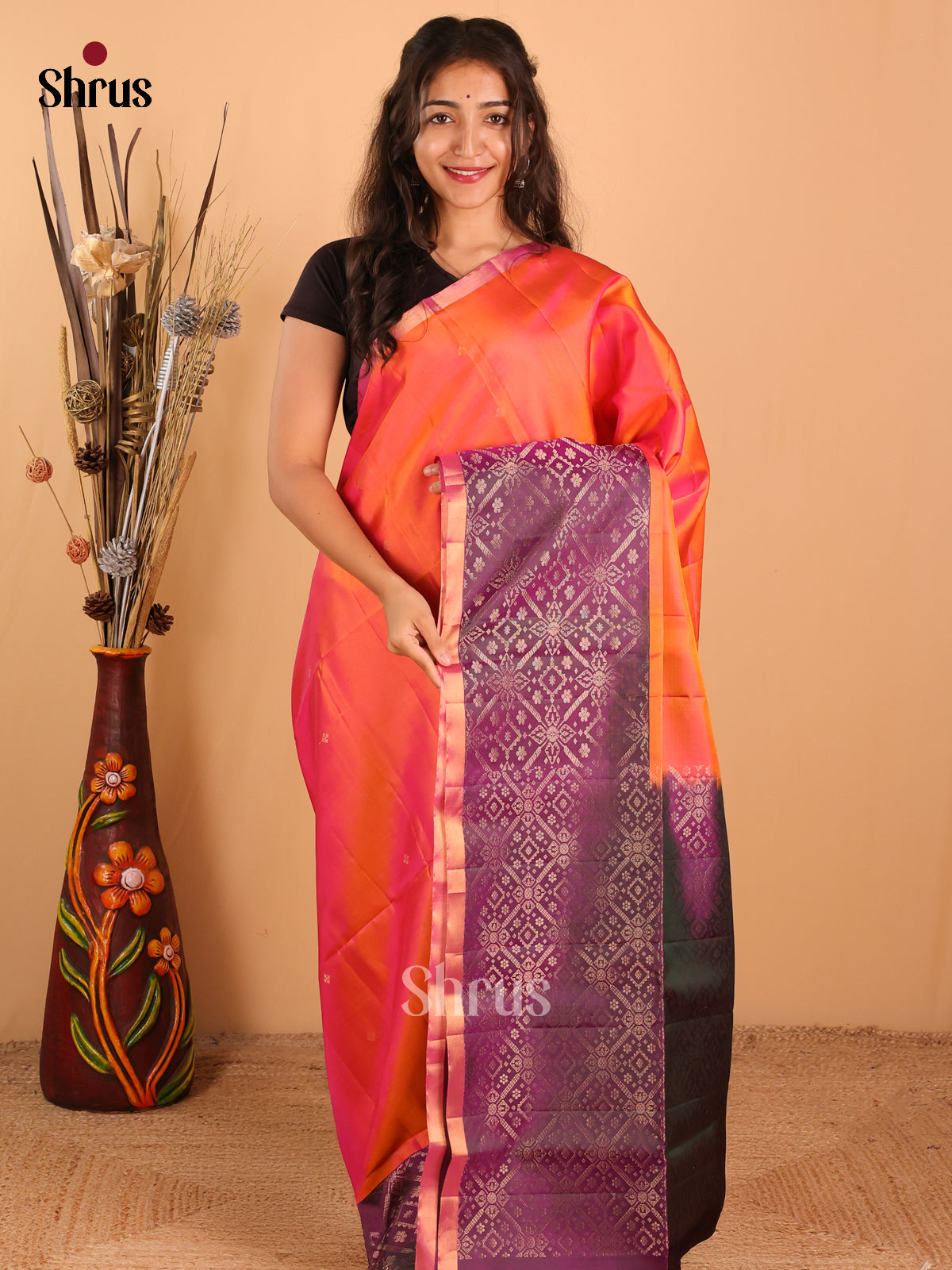 Dual Tone Orange with purple-Soft Silk Saree-DCS28004 - Shop on Shrus.com