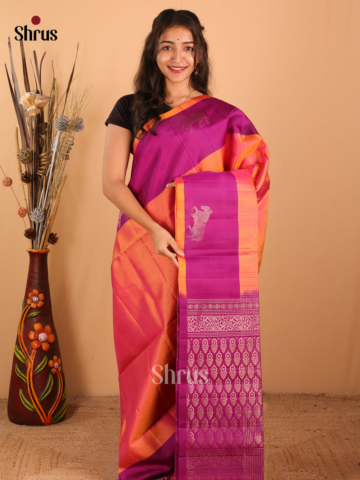 Dual Tone Orange with Purple-Soft Silk Saree - DCS28010 - Shop on Shrus.com