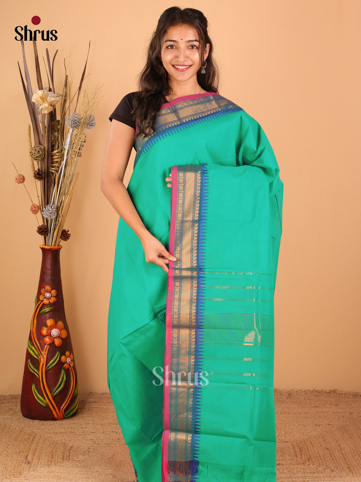 Teal green with Onion pink - Chettinad saree -DDS02008 - Shop on Shrus.com