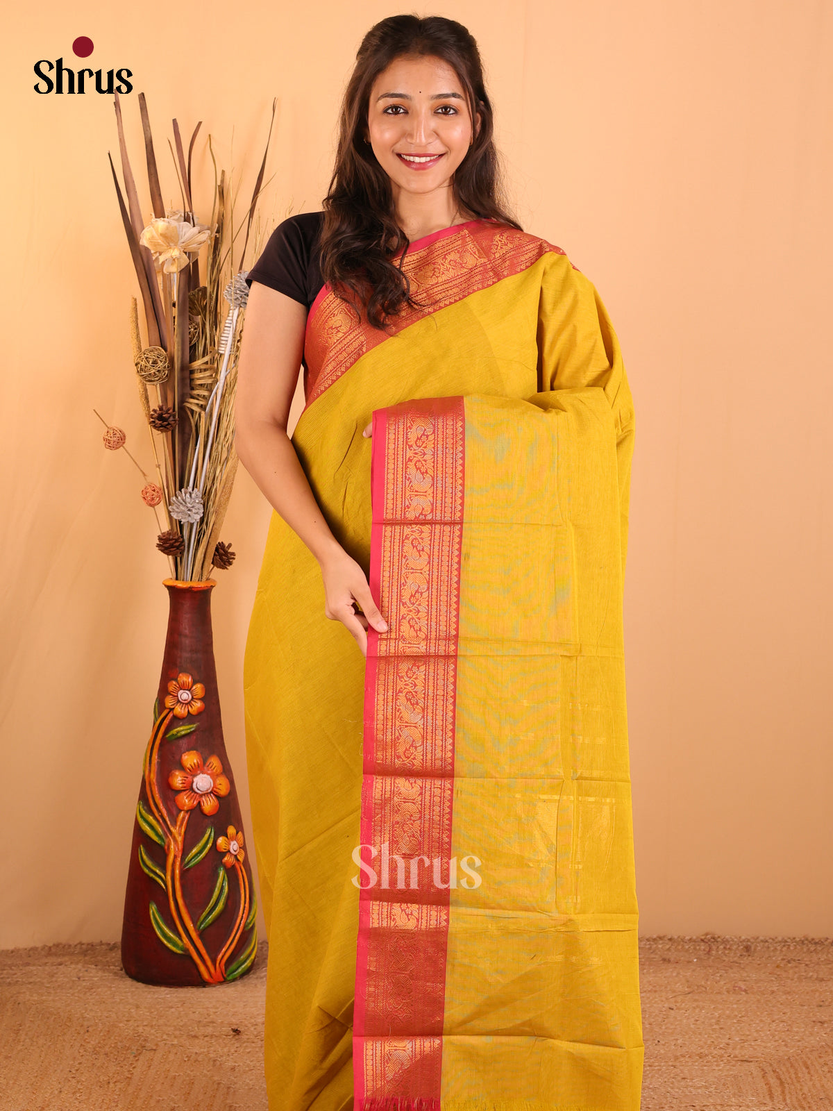 LIme yellow with pink-Chettinad saree -DDS02015 - Shop on Shrus.com