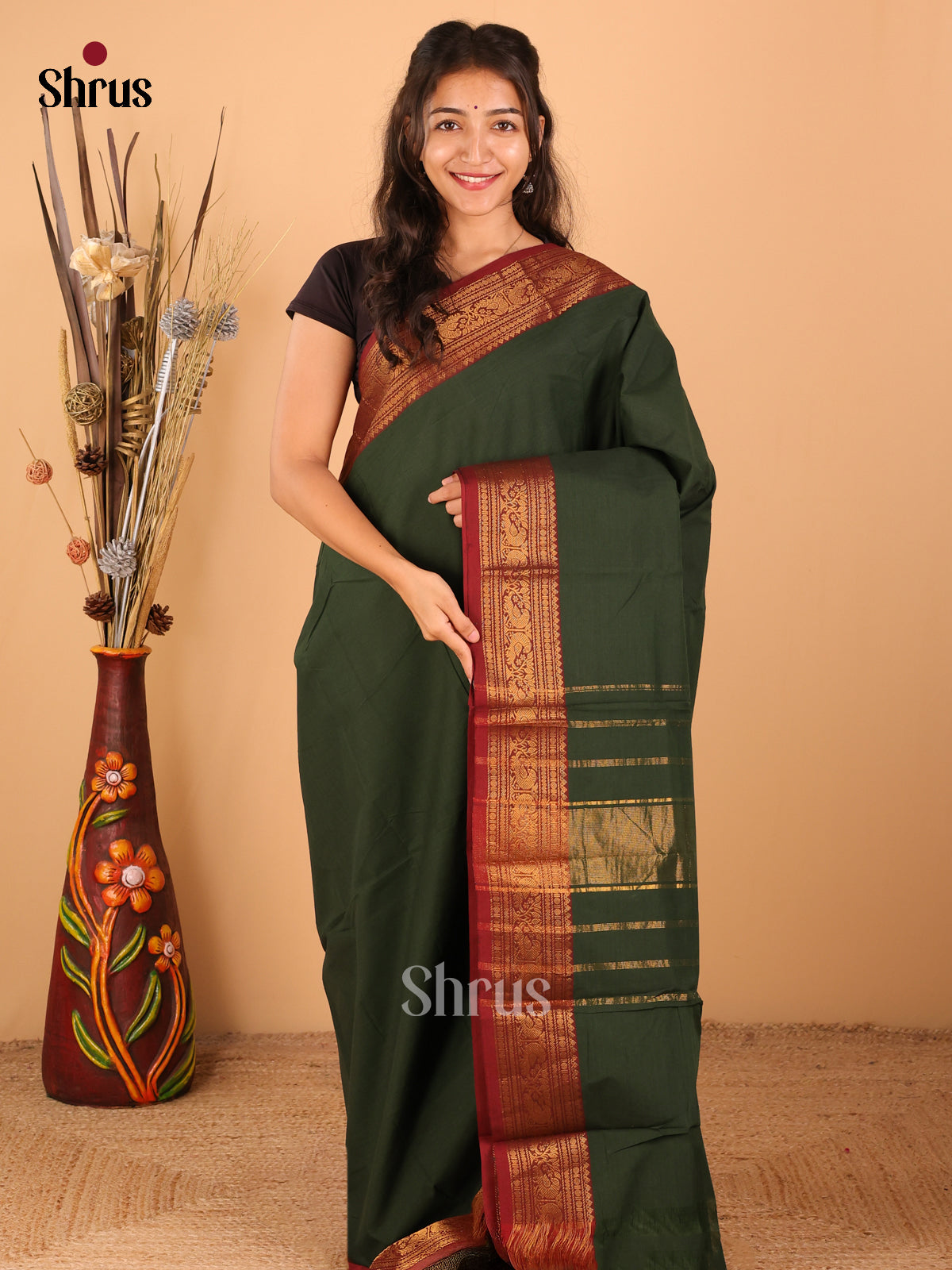 Bottle Green with Maroon - Chettinad saree -DDS02018 - Shop on Shrus.com
