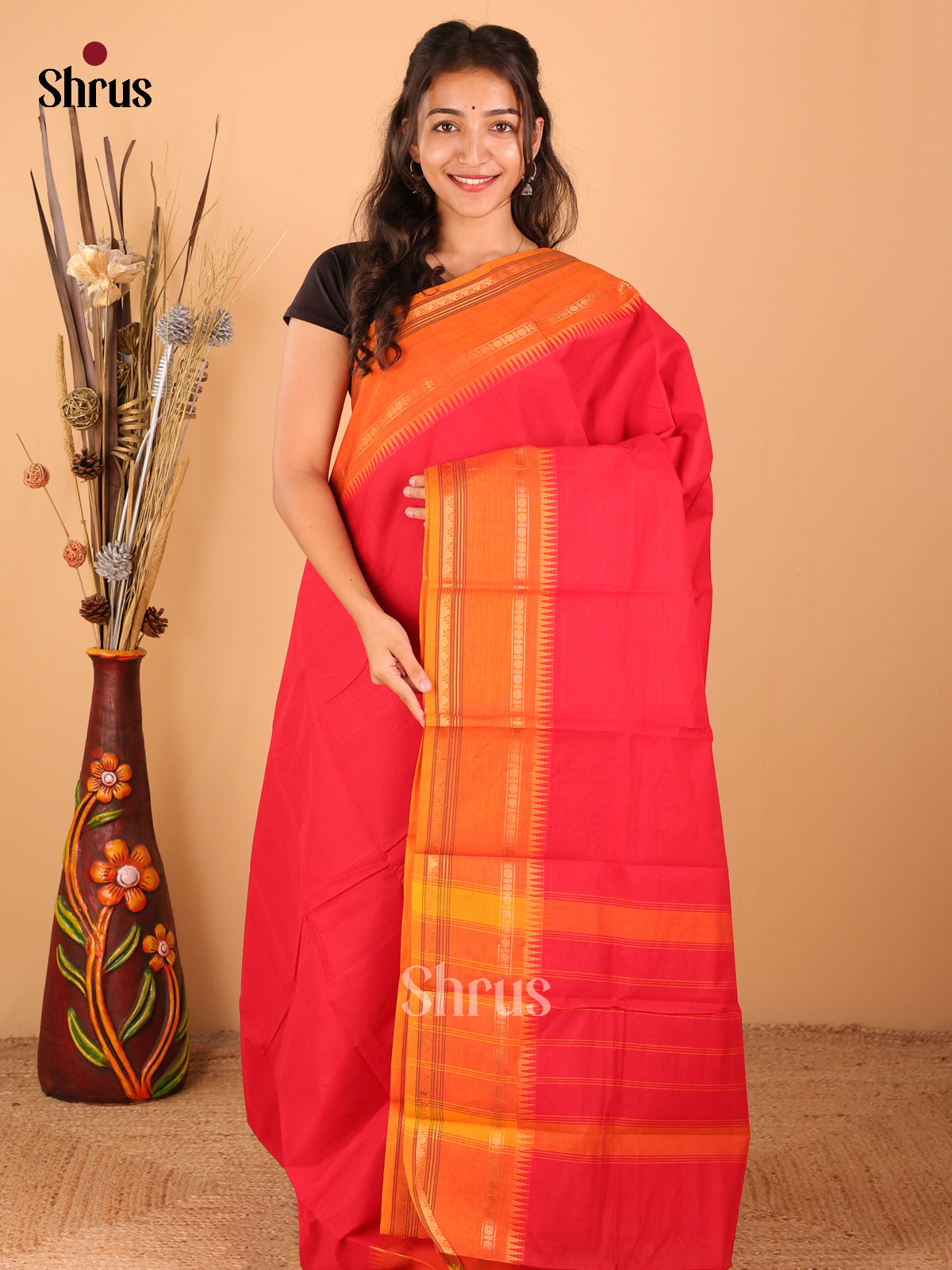Red with Orange - Chettinad saree -DDS02031 - Shop on Shrus.com