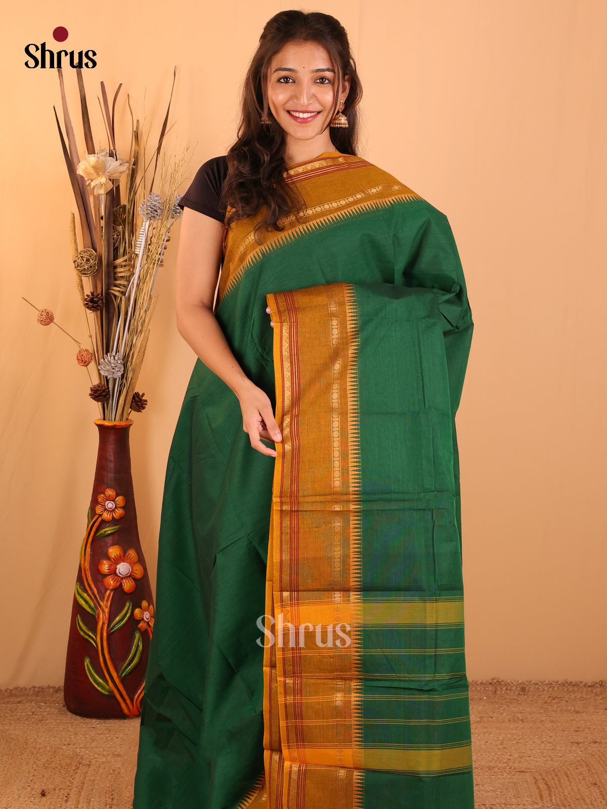 Dark green with Mustard-Chettinad saree -DDS02033 - Shop on Shrus.com