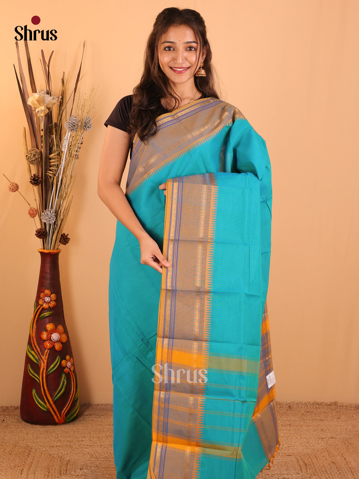 Rama Blue with Mustard yellow-Chettinad saree -DDS02035 - Shop on Shrus.com