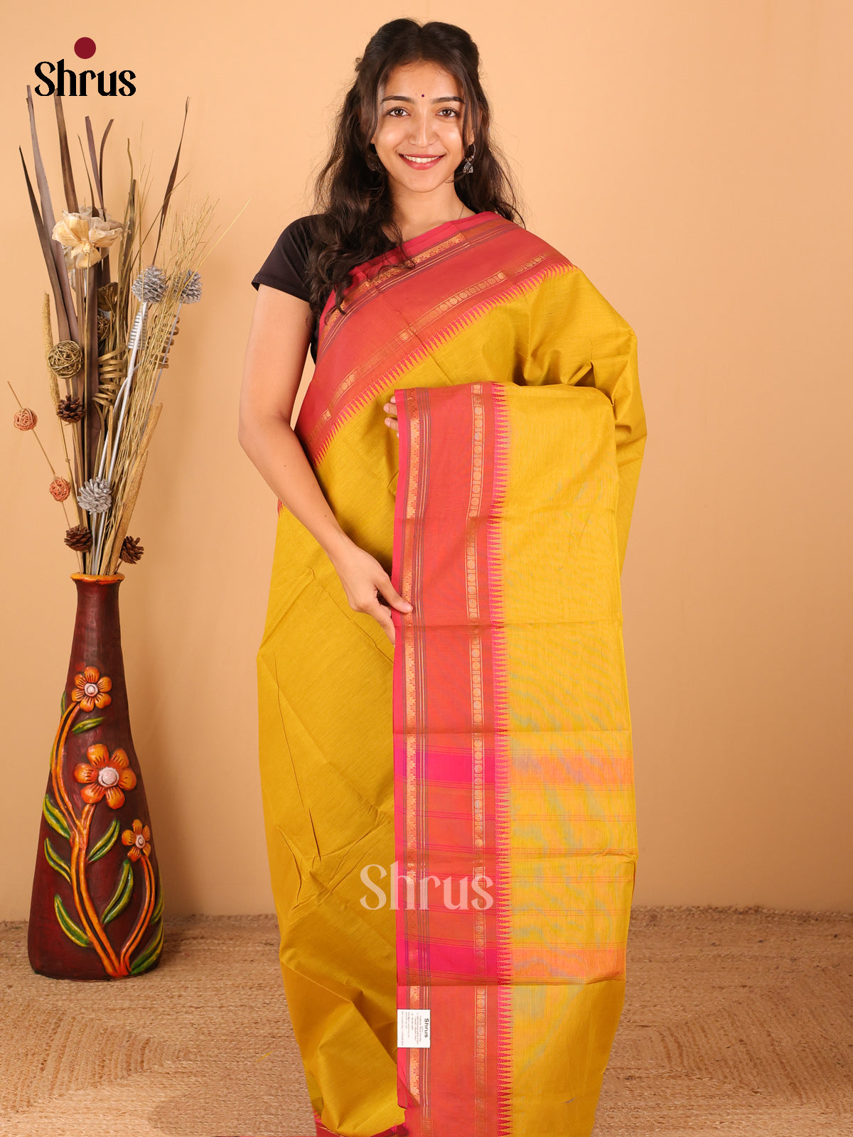 Lime Yellow with Pink - Chettinad saree -DDS02038 - Shop on Shrus.com