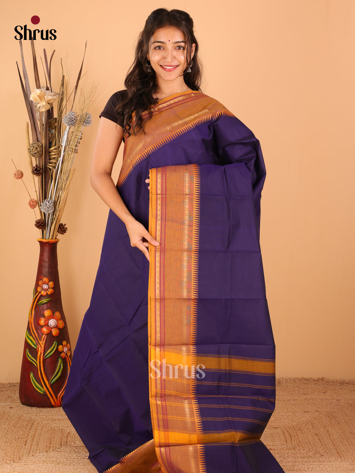 Navy Blue with Mustard - Chettinad saree -DDS02039 - Shop on Shrus.com