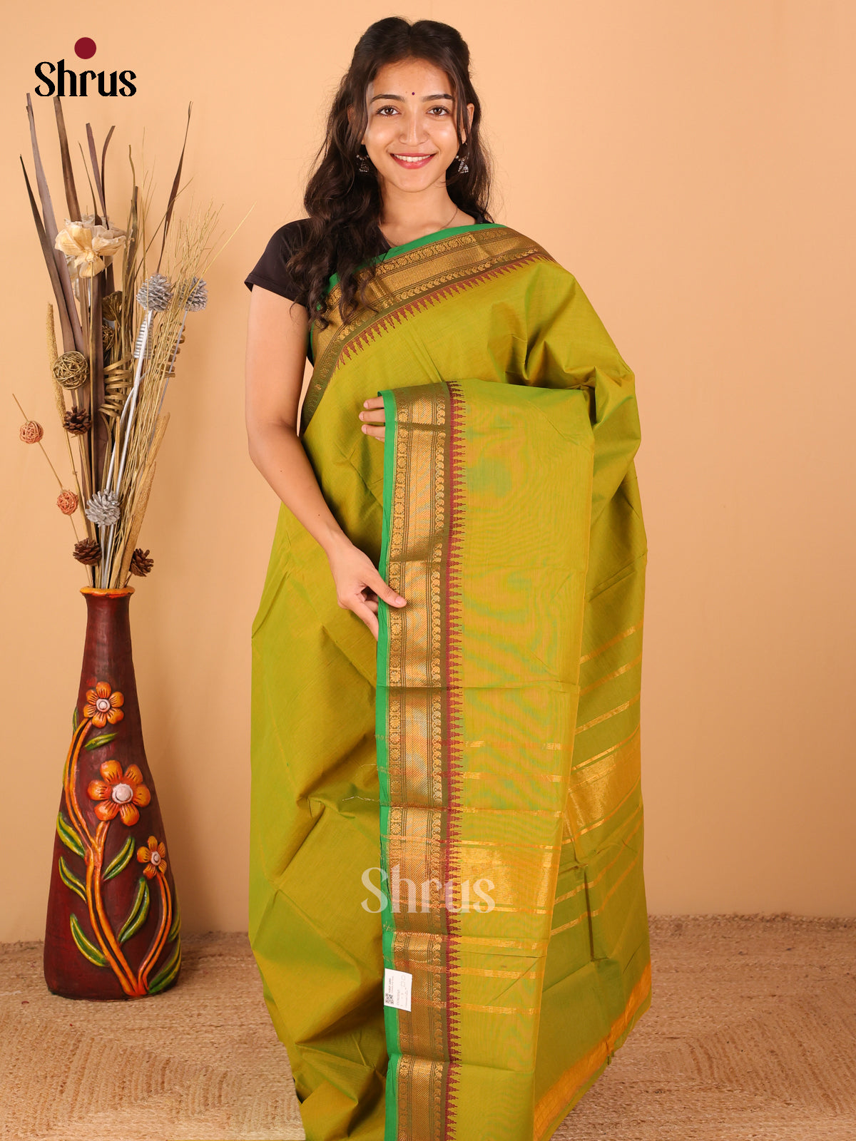 Parrot Green with Dark Green - Chettinad saree -DDS02045 - Shop on Shrus.com