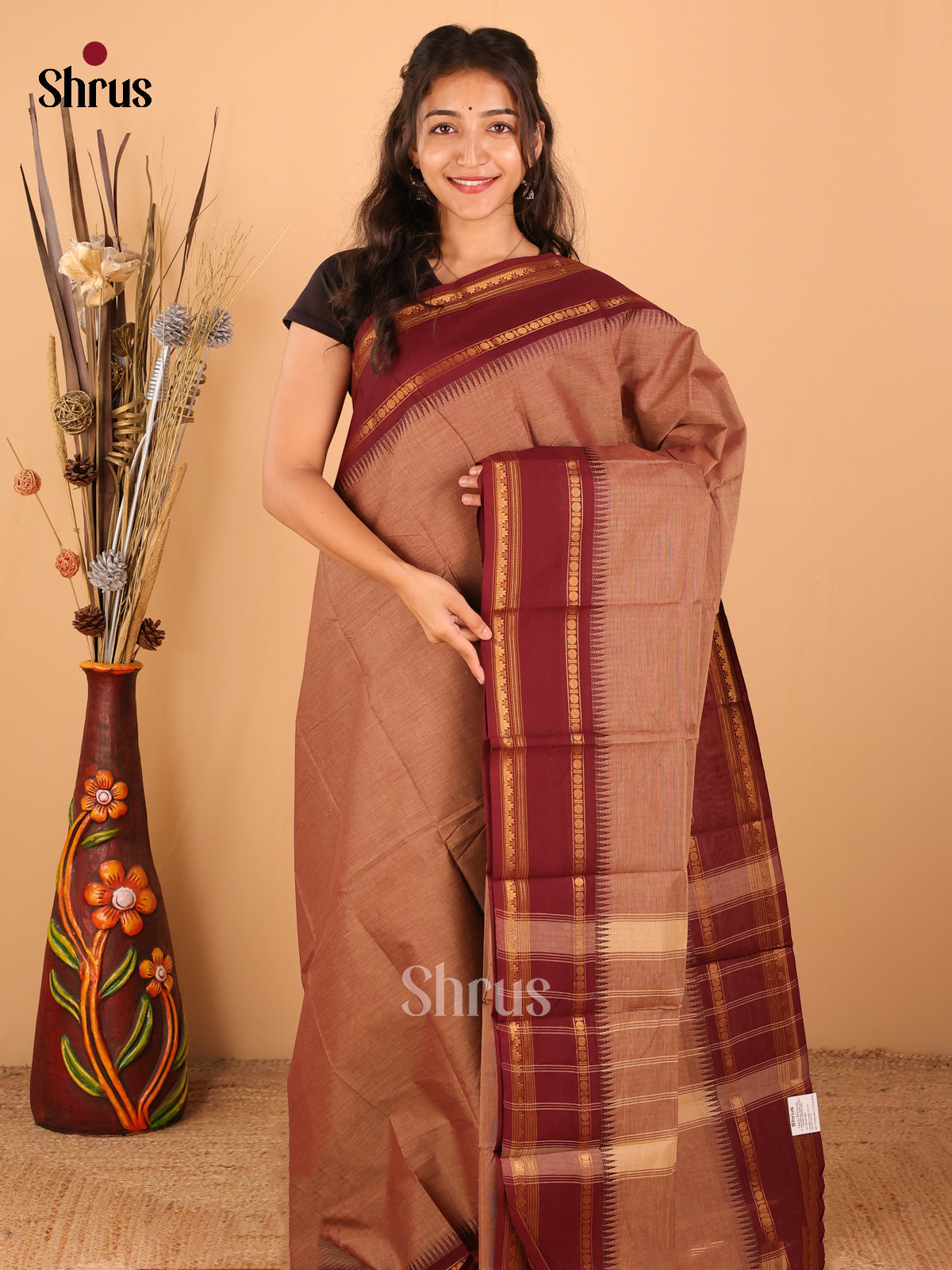 Coffee brown with Maroon - Chettinad saree -DDS02048 - Shop on Shrus.com