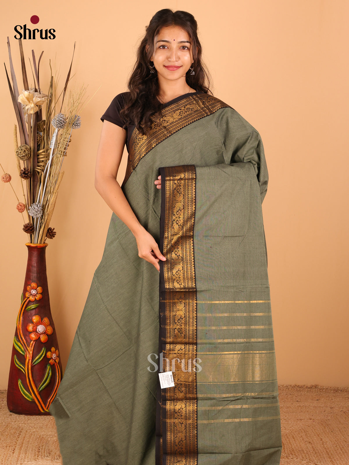 Greyish green with Black - Chettinad saree -DDS02049 - Shop on Shrus.com