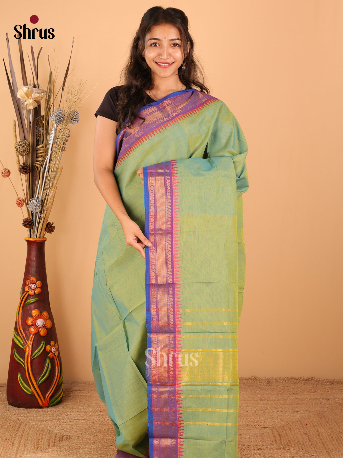 Parrot green with Royal Blue - Chettinad saree -DDS02054 - Shop on Shrus.com