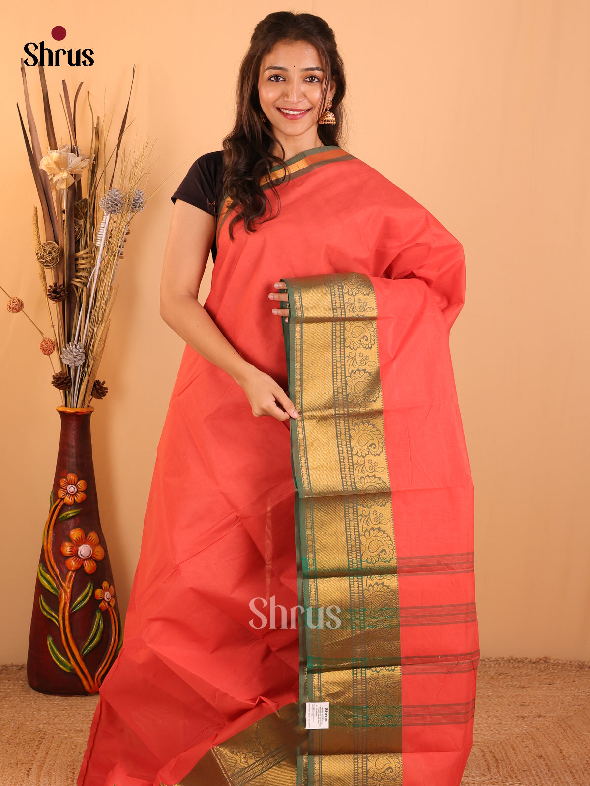 Rust with Green-Chettinad saree -DDS02057 - Shop on Shrus.com