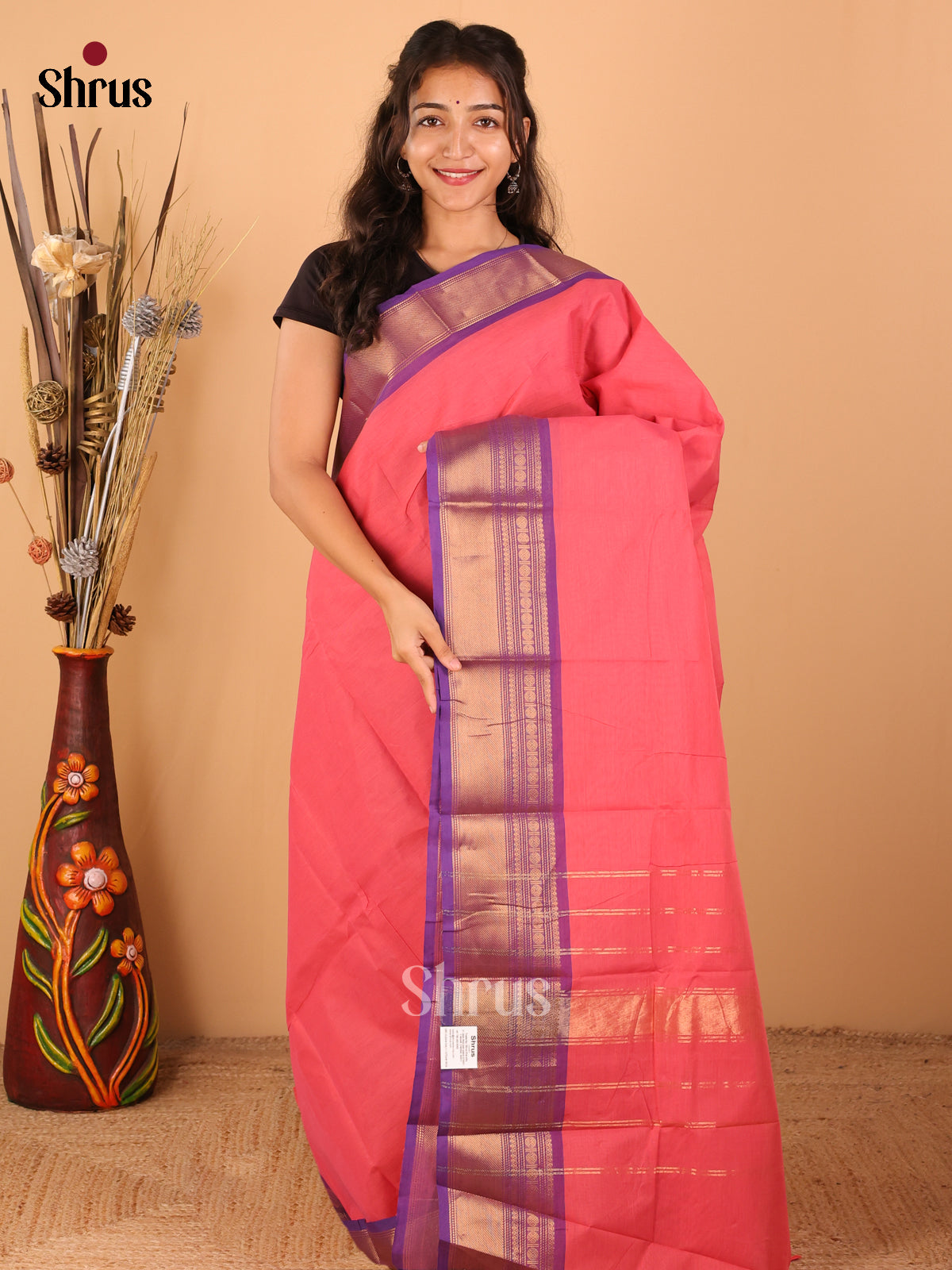 Peach pink with Violet - Chettinad saree -DDS02068 - Shop on Shrus.com
