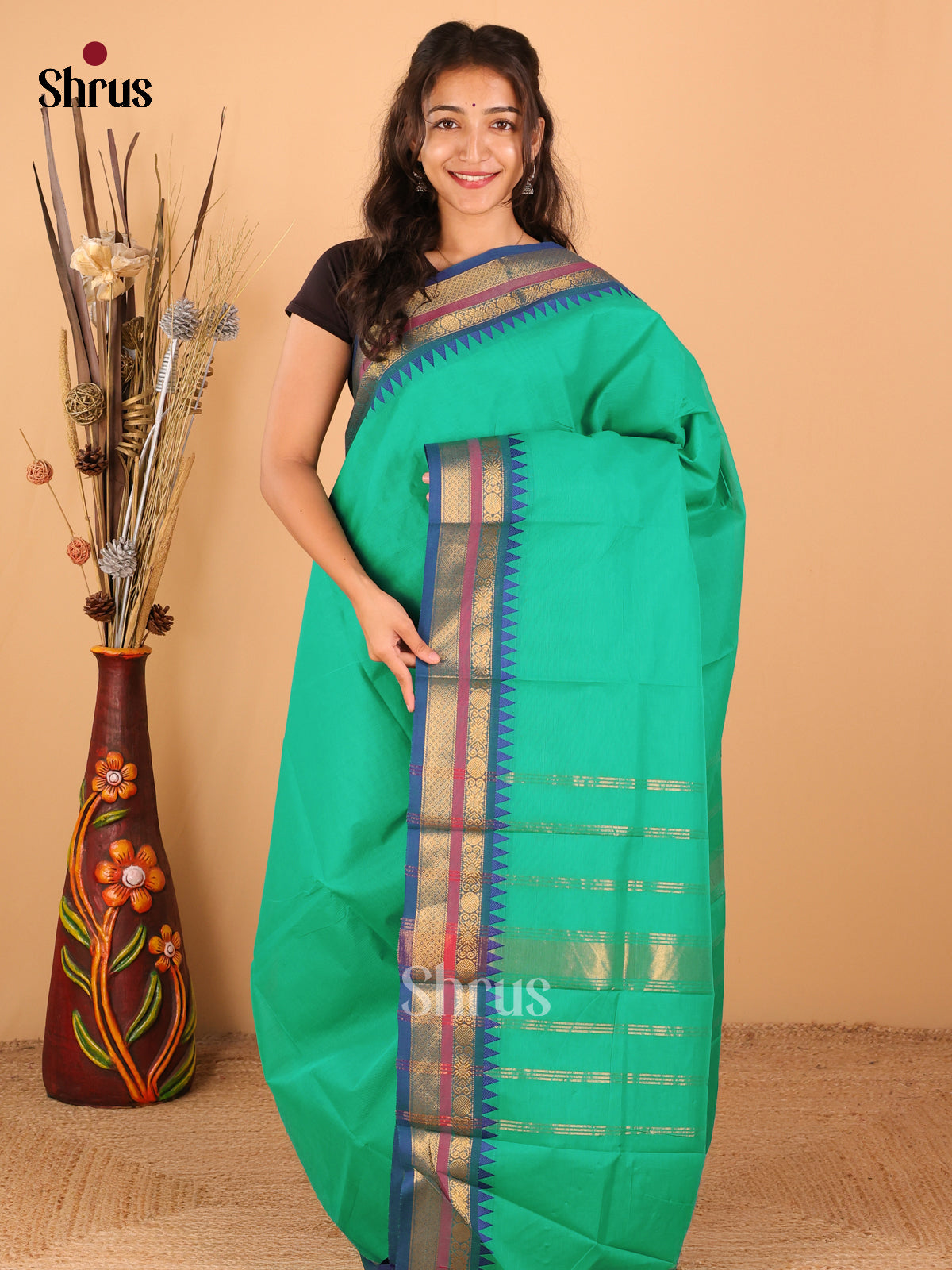 Teal Green with Blue - Chettinad saree -DDS02070 - Shop on Shrus.com