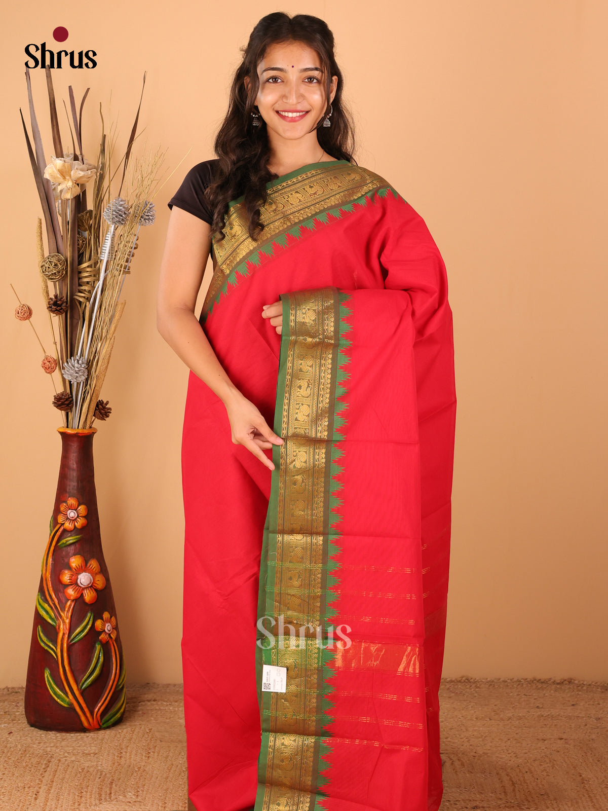 Red with Green - Chettinad saree -DDS02083 - Shop on Shrus.com