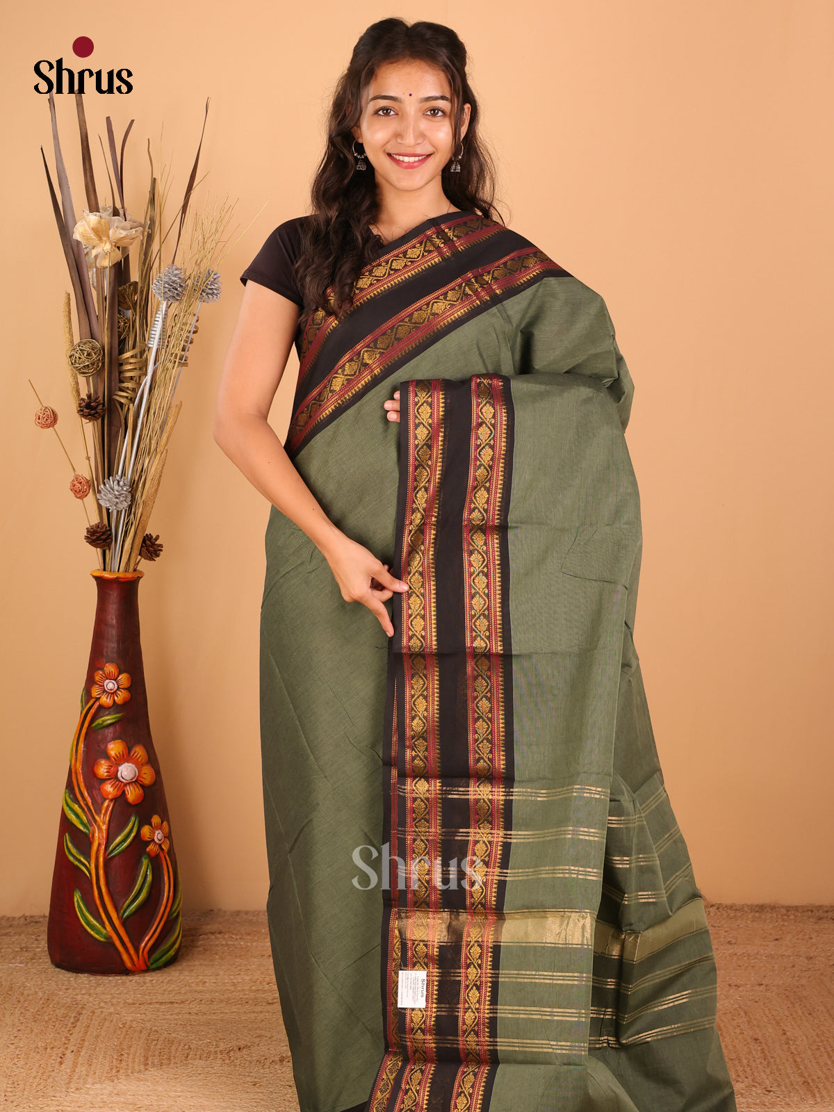 Greyish green with Black - Chettinad saree -DDS02091 - Shop on Shrus.com