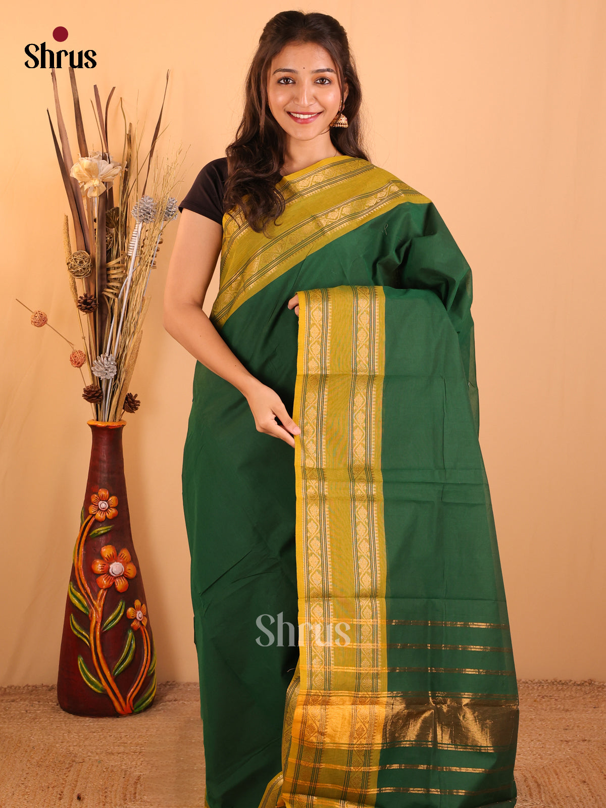 Green with Mustrad yellow-Chettinad saree -DDS02094 - Shop on Shrus.com