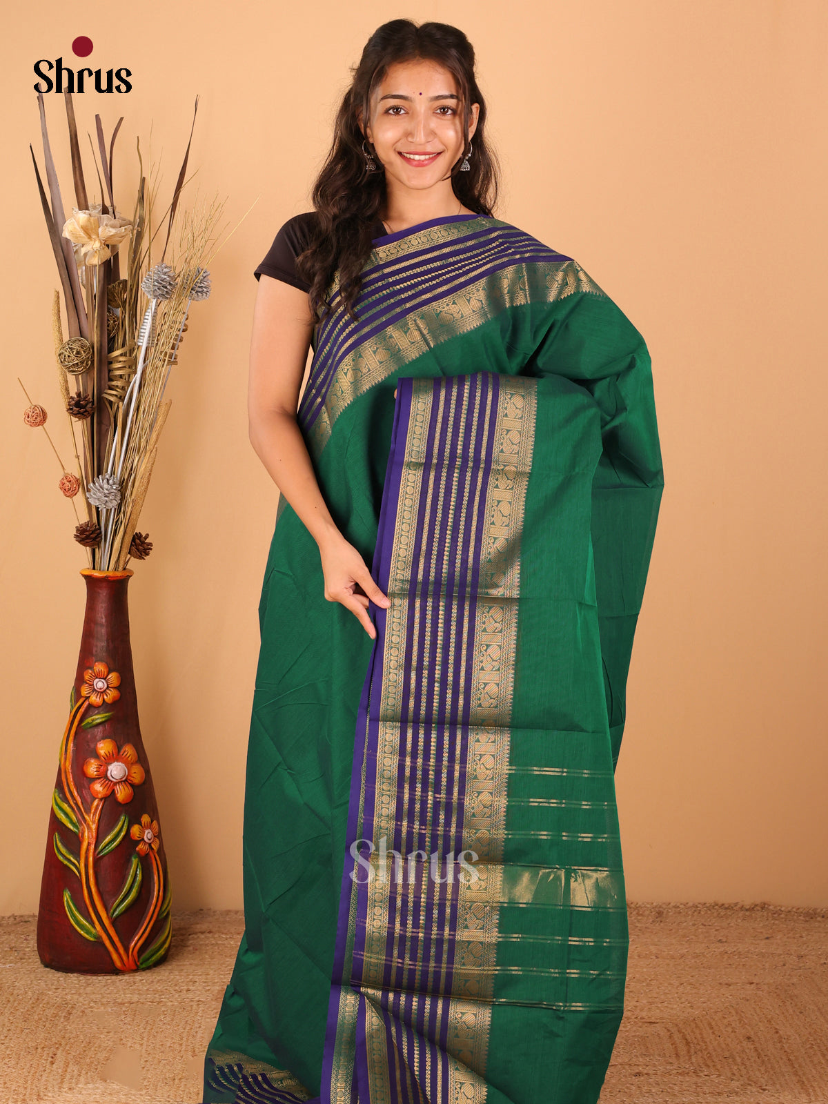 Bottle green with Royal Blue - Chettinad saree -DDS02096 - Shop on Shrus.com