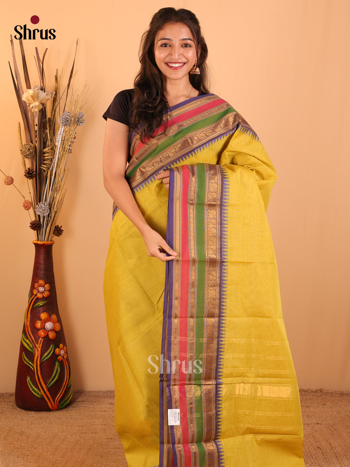 Lime yellow with Blue-Chettinad saree -DDS02109 - Shop on Shrus.com