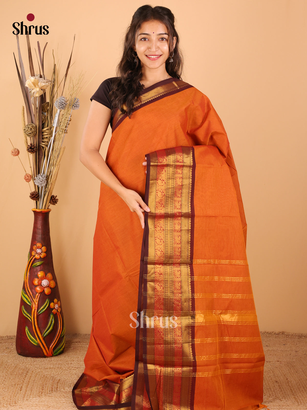 dark mustard with dark brown - Chettinad saree -DDS02110 - Shop on Shrus.com