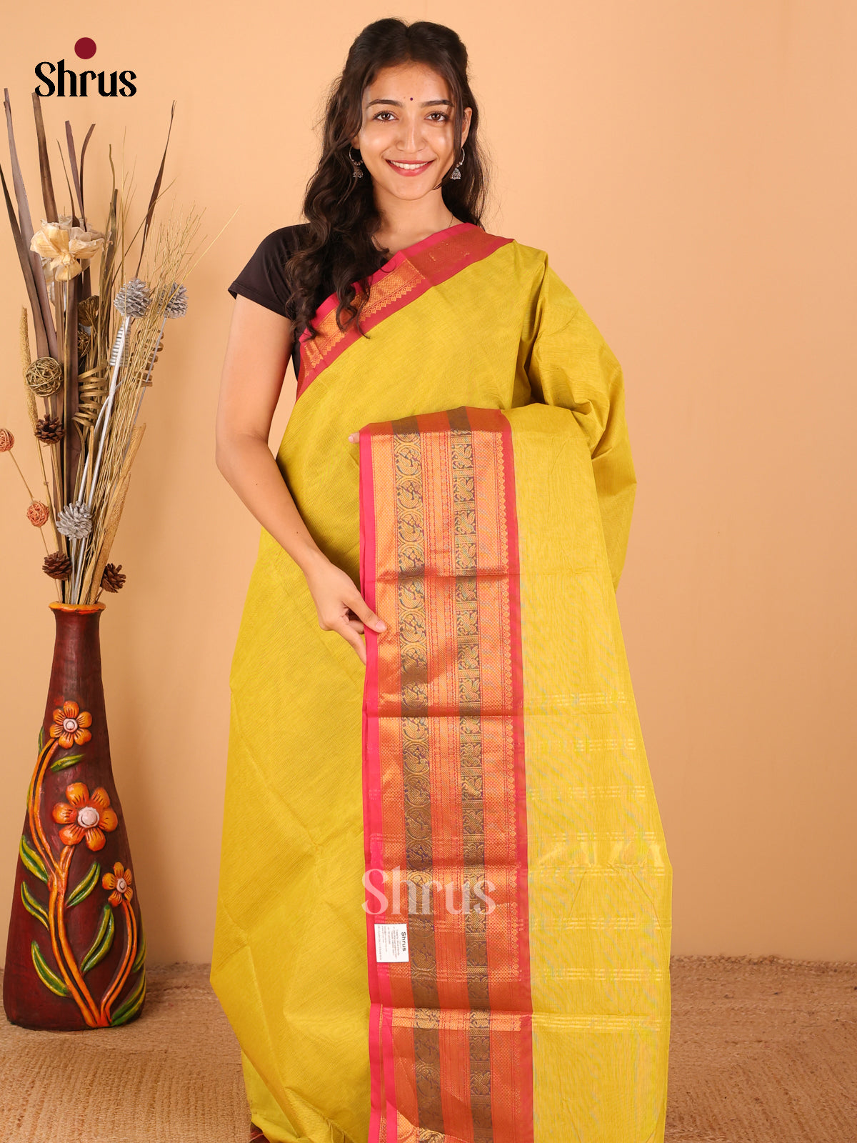 Lime yellow with pink - Chettinad saree -DDS02112 - Shop on Shrus.com