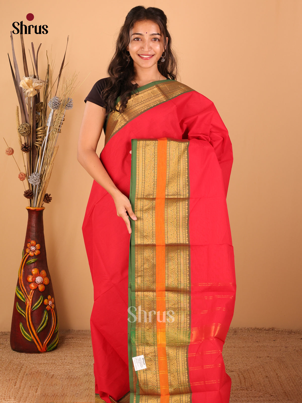 Red with green - Chettinad saree -DDS02124 - Shop on Shrus.com