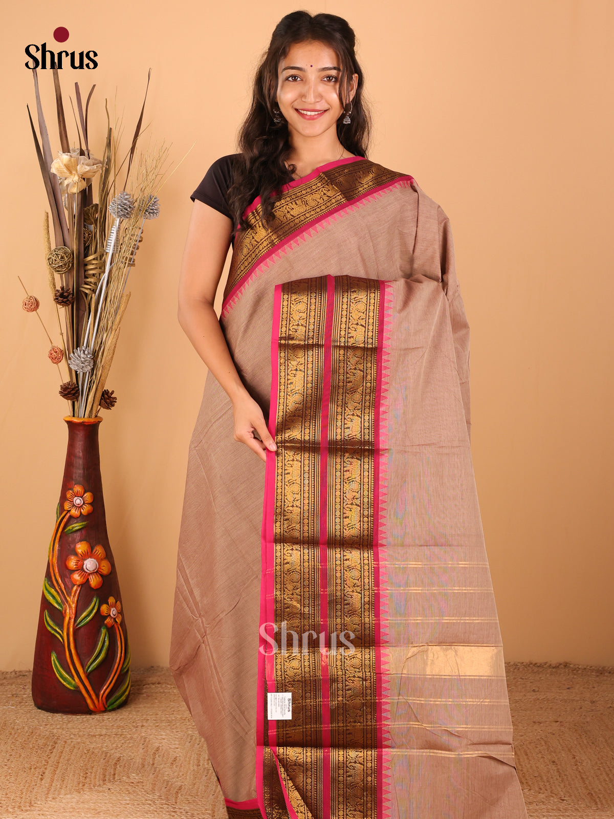 Light brown with Magenta - Chettinad saree -DDS02136 - Shop on Shrus.com