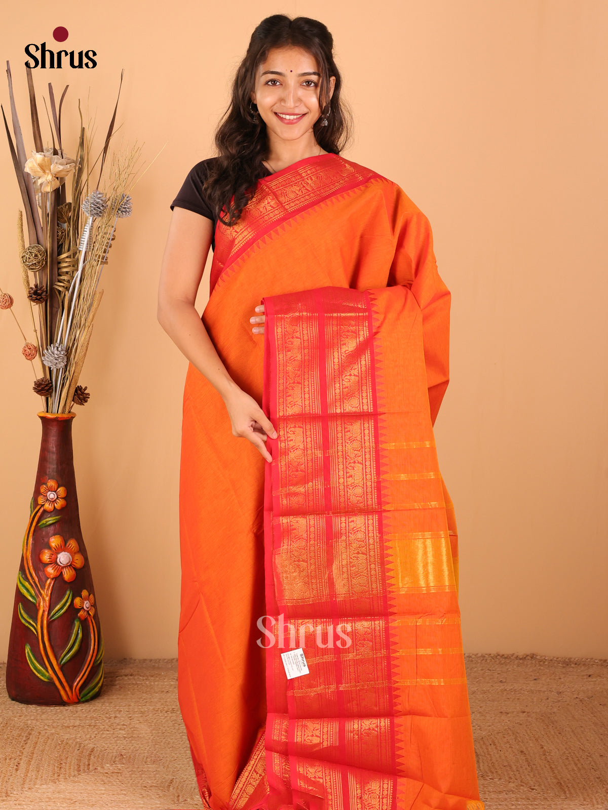 Orange with Red - Chettinad saree -DDS02139 - Shop on Shrus.com