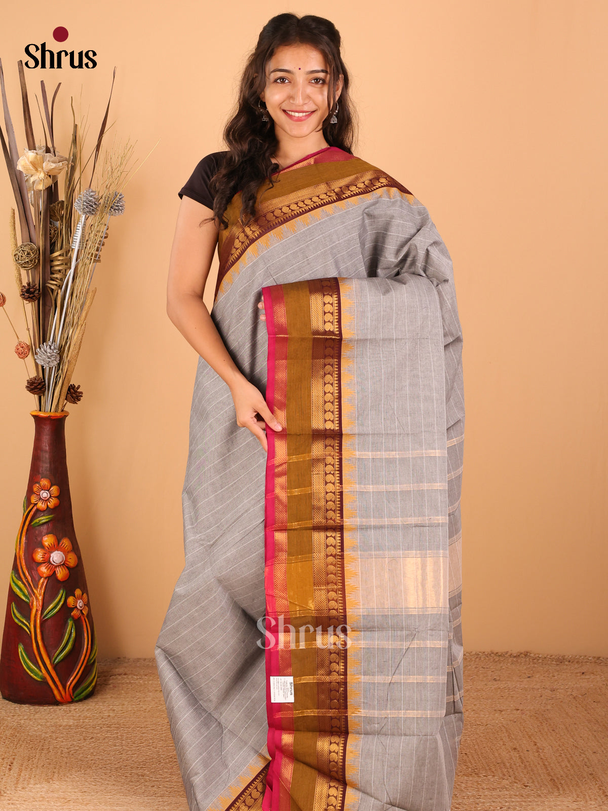 Grey with pink - Chettinad saree -DDS02143 - Shop on Shrus.com