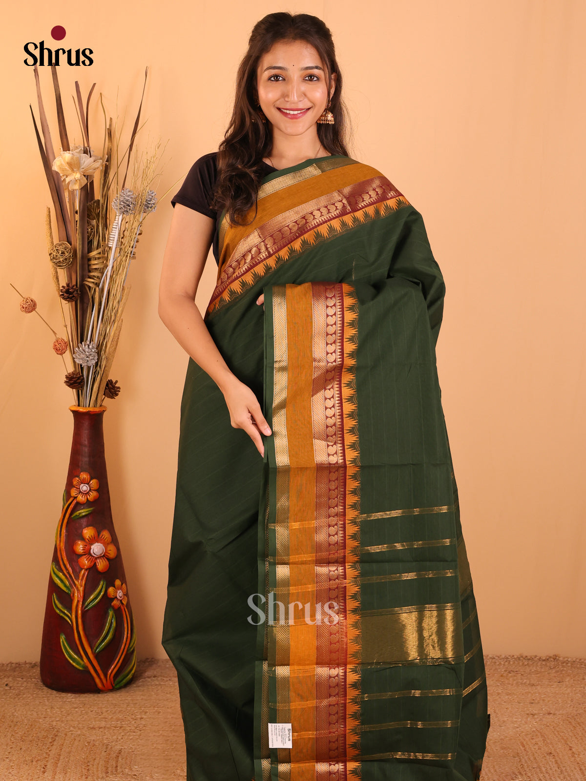 Bottle green with Mustard yellow-Chettinad saree -DDS02147 - Shop on Shrus.com