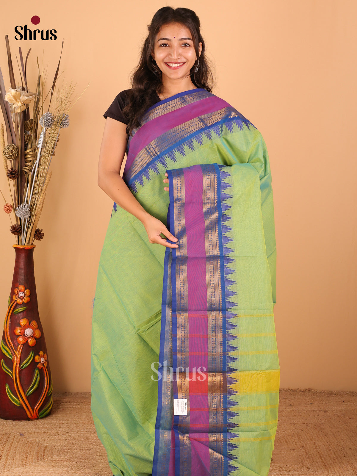 Parrot green with Royal Blue - Chettinad saree -DDS02149 - Shop on Shrus.com