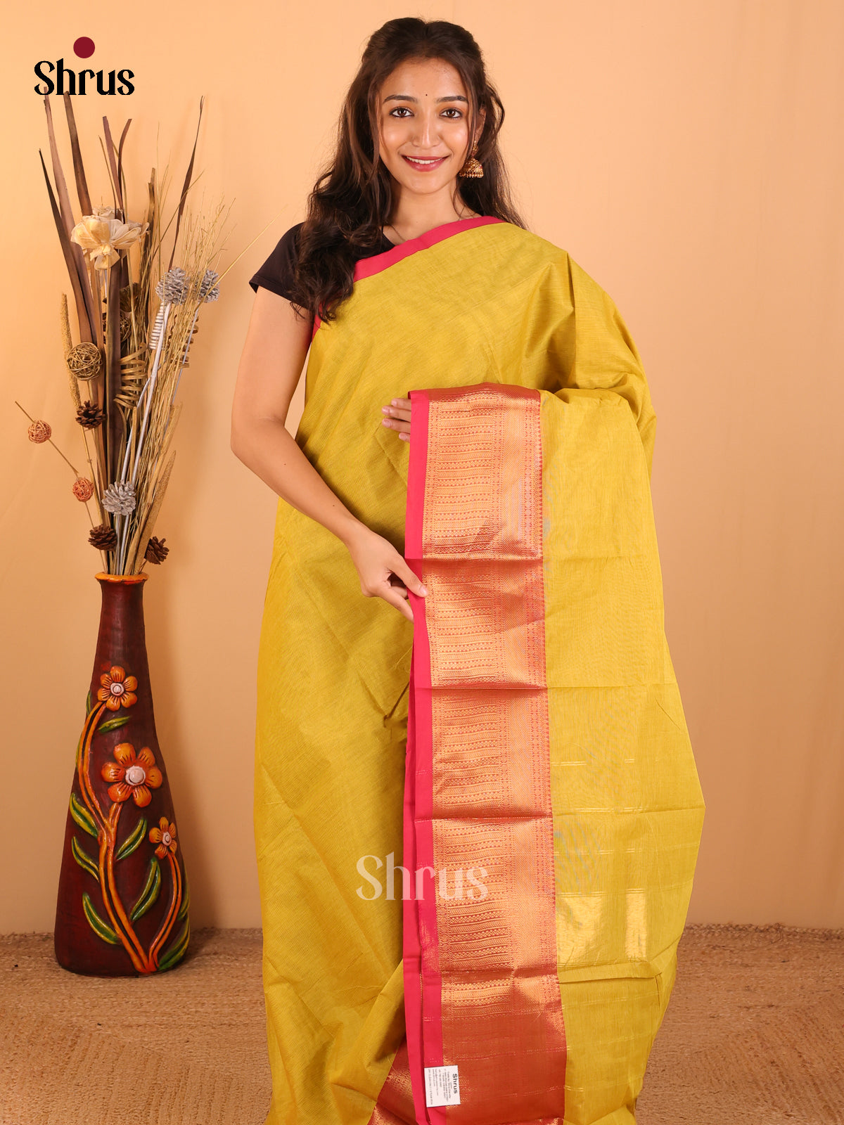 Lime Yellow with light red-Chettinad saree -DDS02156 - Shop on Shrus.com